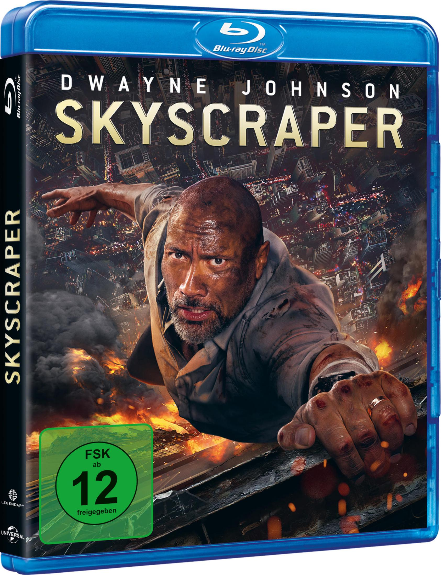 Blu-ray-Hülle des Films Skyscraper mit Dwayne Johnson vor brennendem Wolkenkratzer.