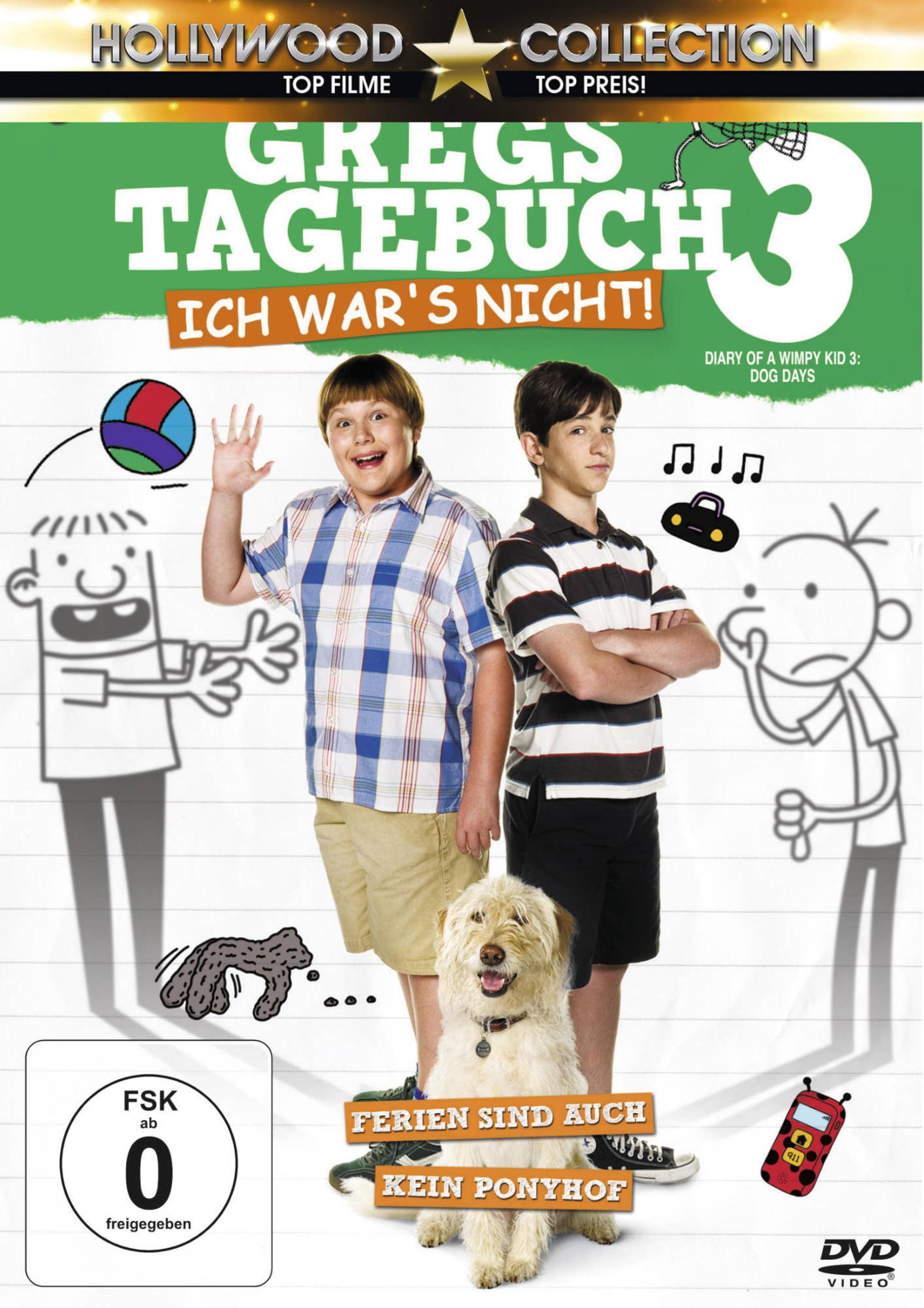 DVD-Cover von Gregs Tagebuch 3 mit zwei Jungen, einem zotteligen Hund und Zeichentrickskizzen auf kariertem Papier.