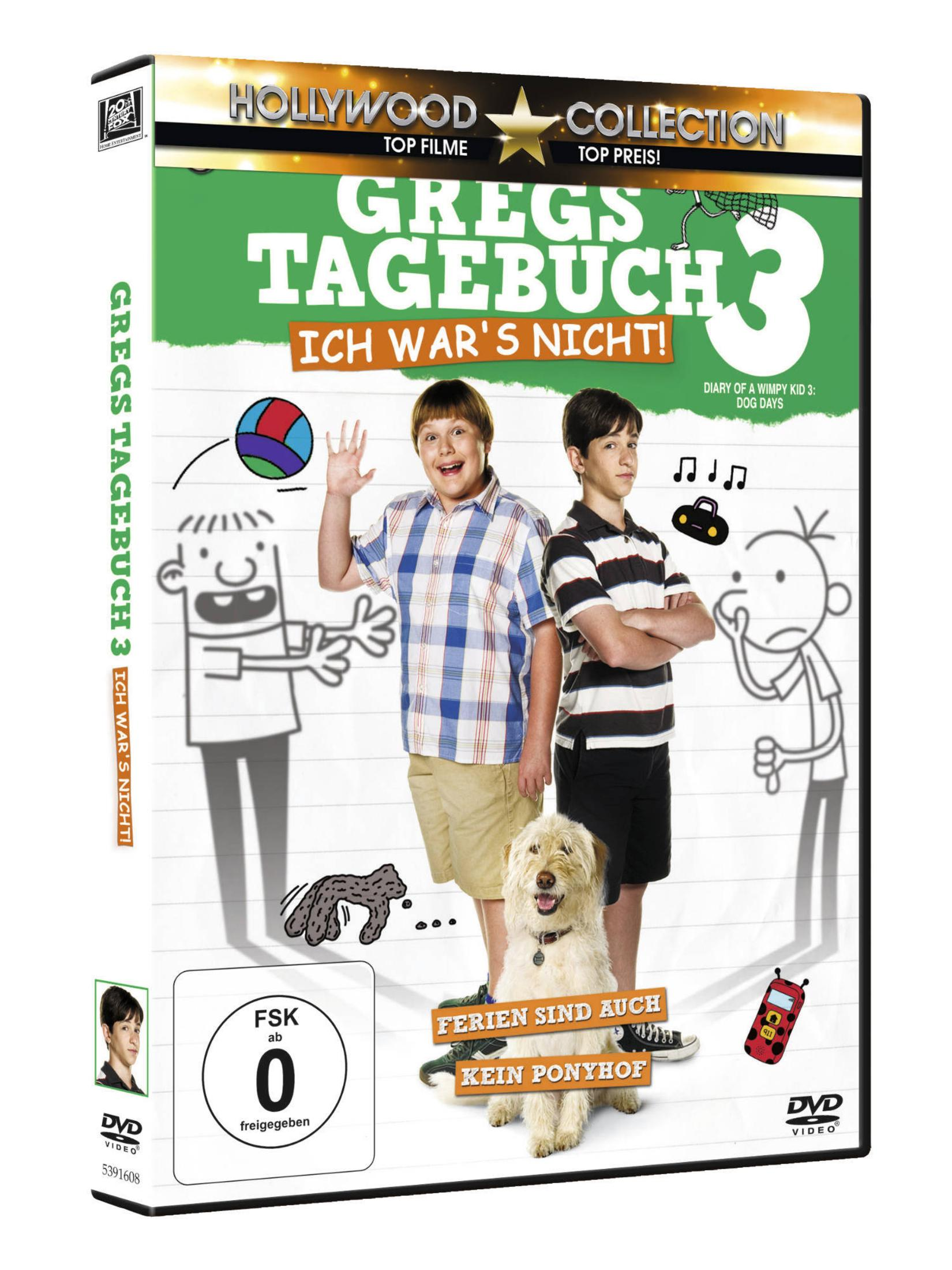 DVD-Cover von Gregs Tagebuch 3 - Ich war's nicht mit zwei Jungen, einem Hund und gezeichneten Elementen.