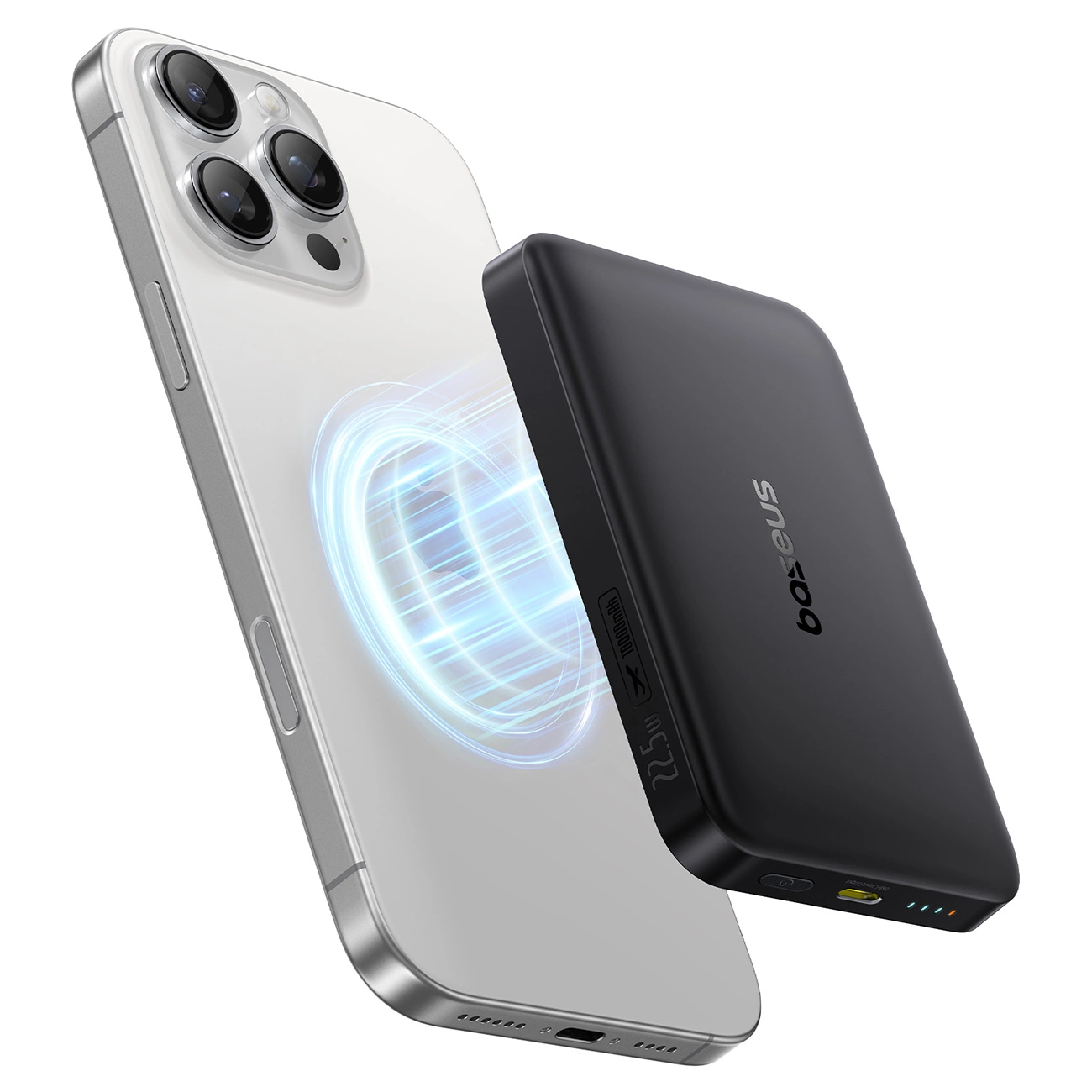 Retro di uno smartphone bianco con anelli di carica luminosi e una power bank Baseus nera.