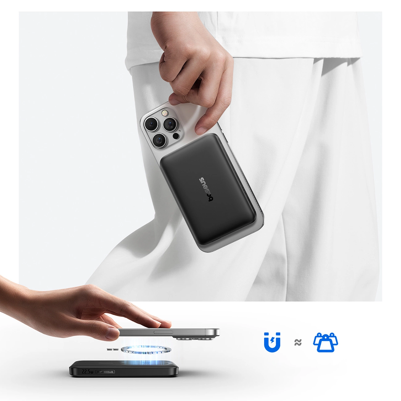 Mano tiene un iPhone con power bank magnetico nero su sfondo bianco.