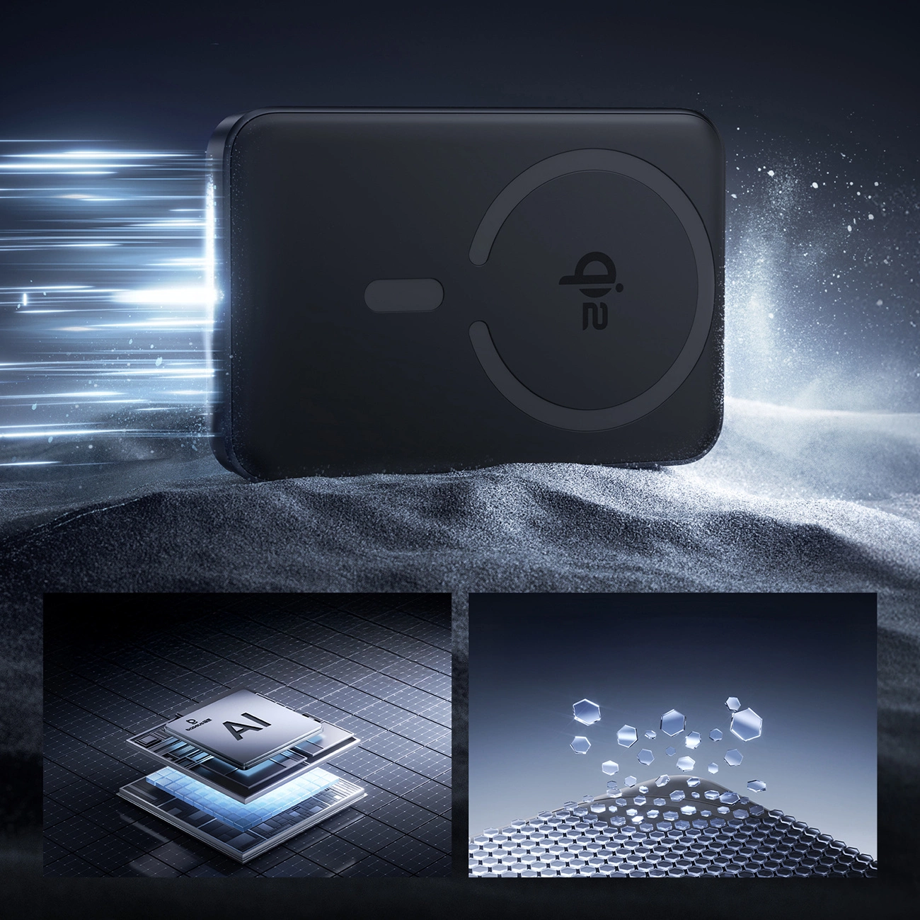 Power bank nera su sabbia con scie di luce e riquadri con microchip IA e una griglia esagonale.
