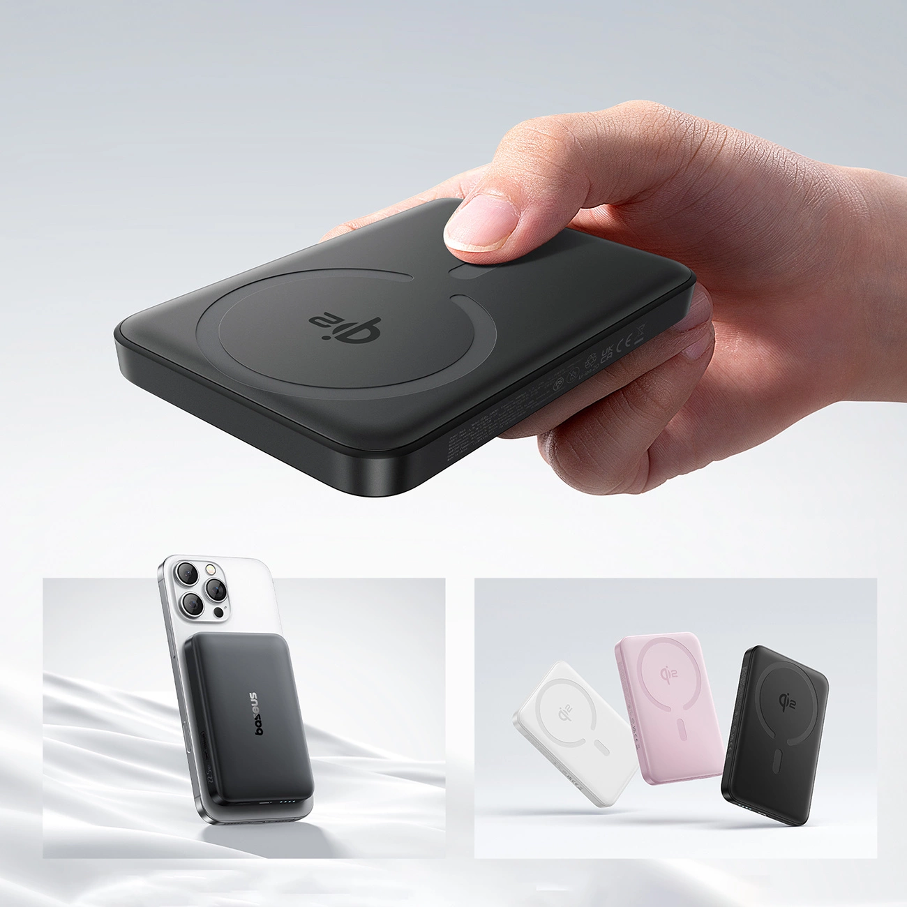 Una mano tiene un power bank nero. Sotto, uno carica un telefono e sono mostrati tre colori.