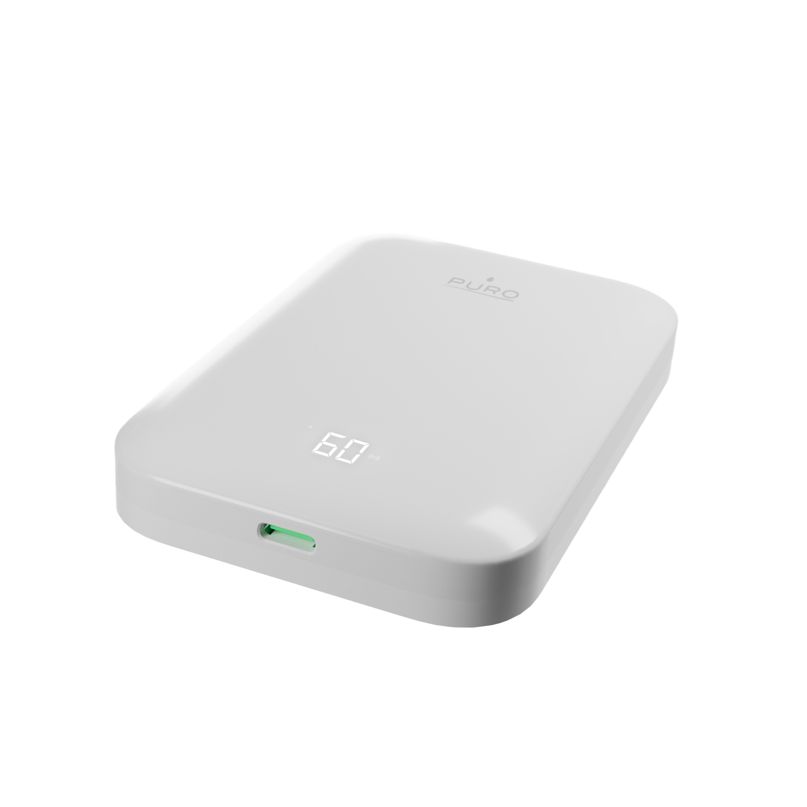 Una power bank bianca con display digitale che mostra 60 e una porta USB-C.