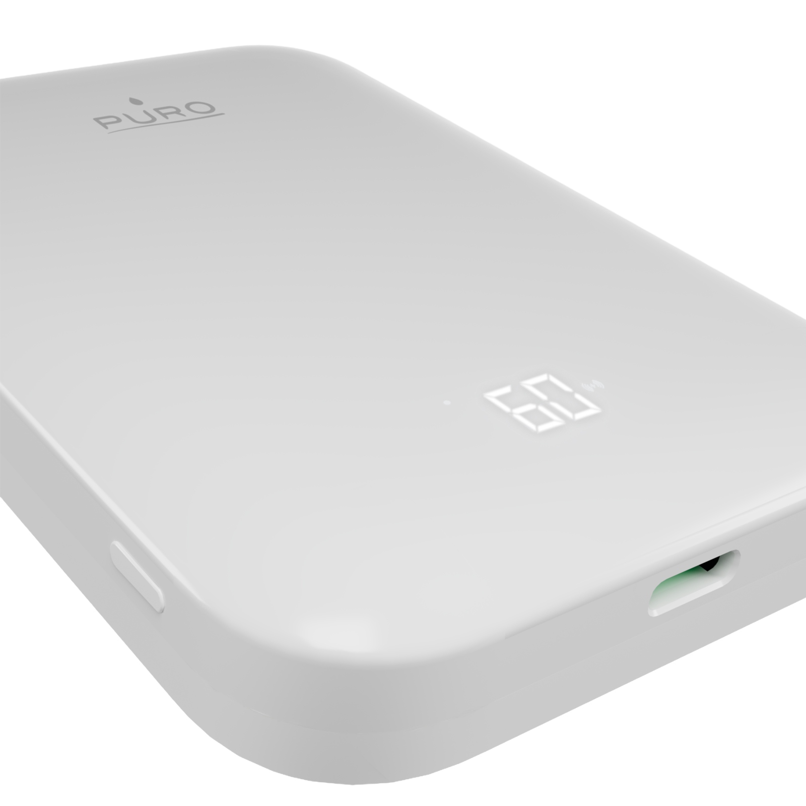 Power bank Puro bianco con display LED digitale e porta USB-C.
