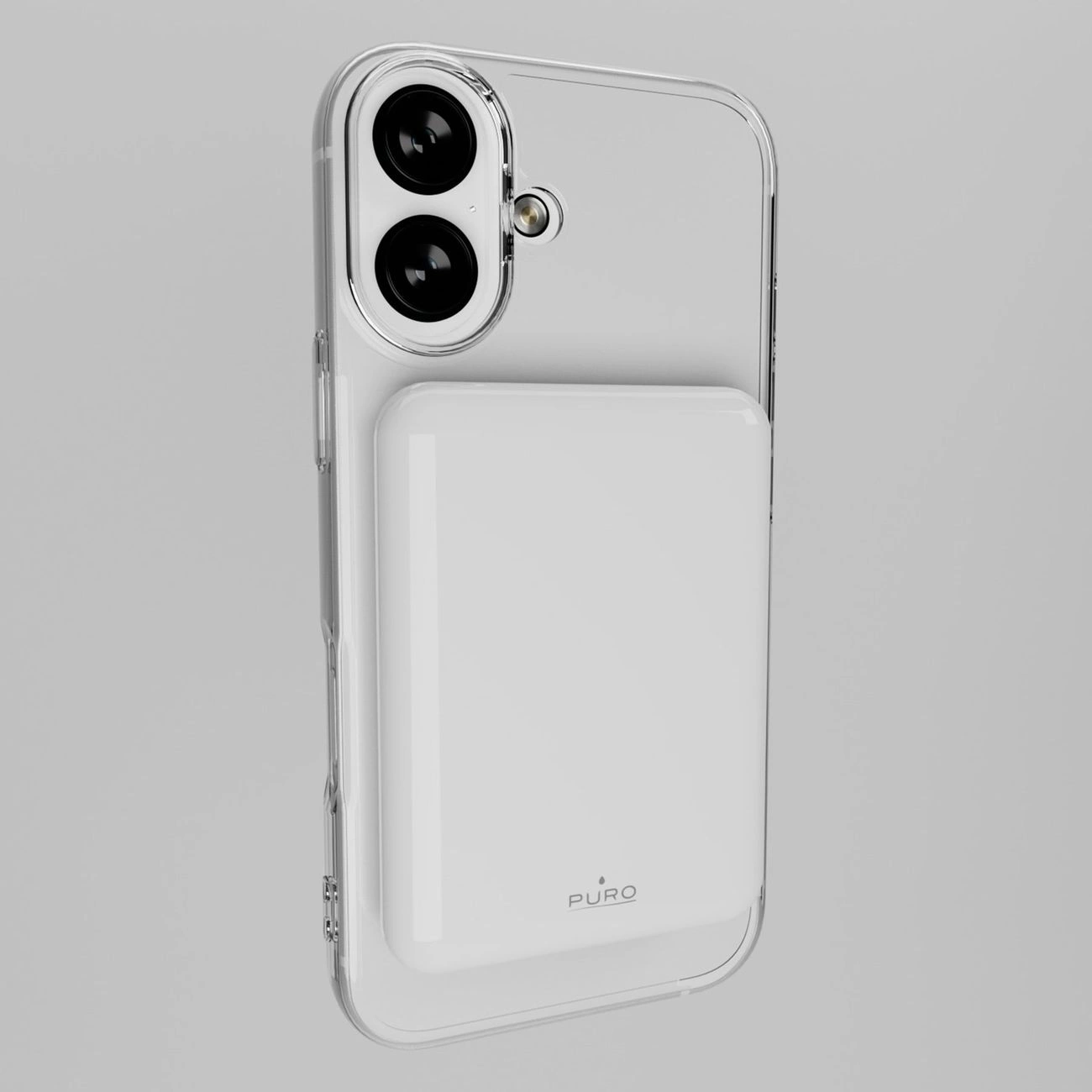 Retro di uno smartphone in custodia trasparente con power bank magnetico bianco su sfondo chiaro.