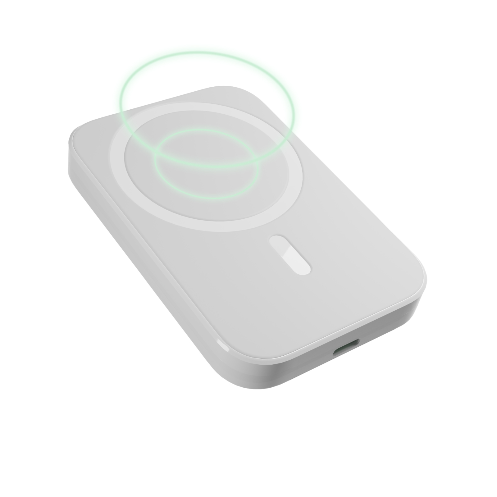 Un power bank wireless bianco con cerchi di ricarica verdi che fluttuano sopra la superficie.