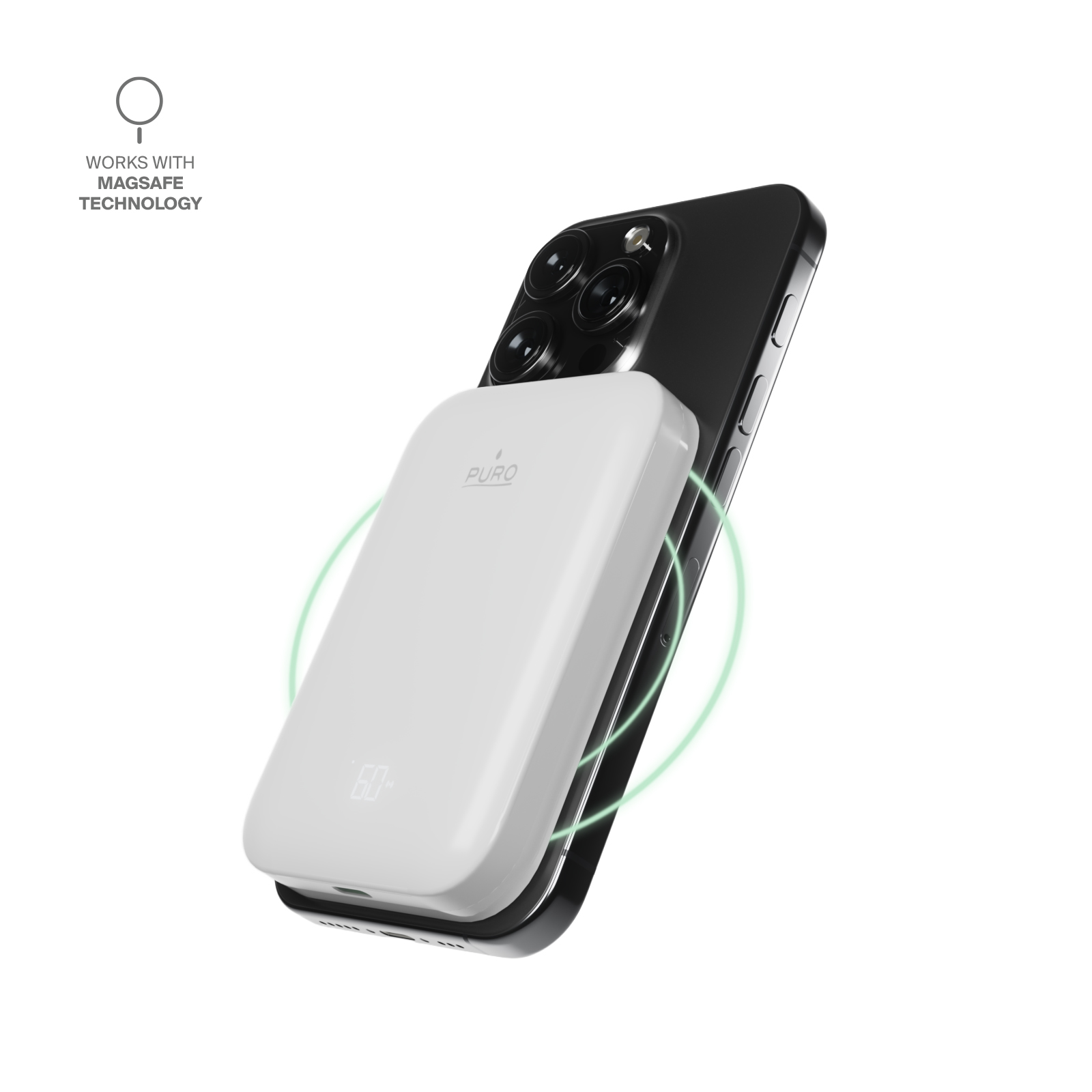 Un power bank MagSafe bianco è attaccato magneticamente al retro di uno smartphone nero.