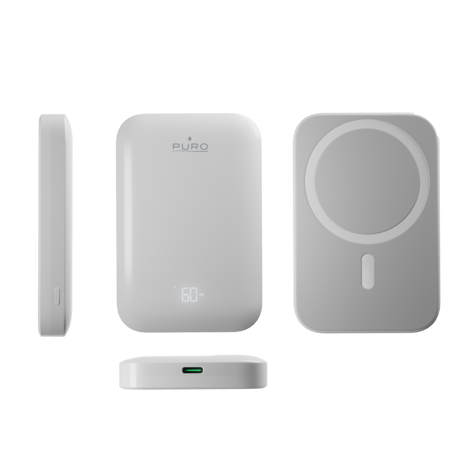 Power bank Puro bianco mostrato da più angolazioni con display digitale e retro magnetico.