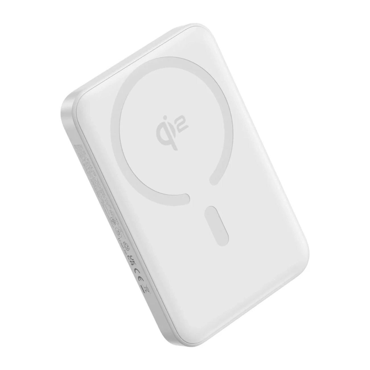 Un power bank wireless bianco con il logo Qi2 su sfondo bianco.