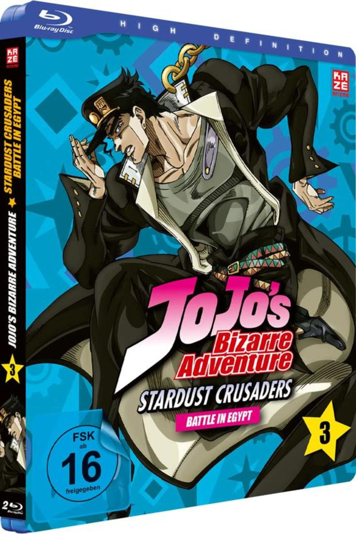 Anime Blu-ray-Cover von JoJo's Bizarre Adventure mit Jotaro Kujo in dunklem Mantel vor blauem Hintergrund.