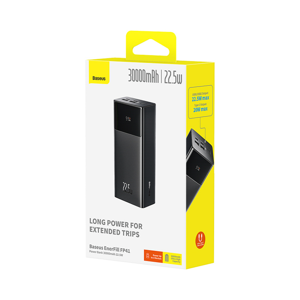 Confezione power bank Baseus EnerFill FP41, 30000mAh, 22.5W, con dispositivo nero su scatola bianca e gialla.