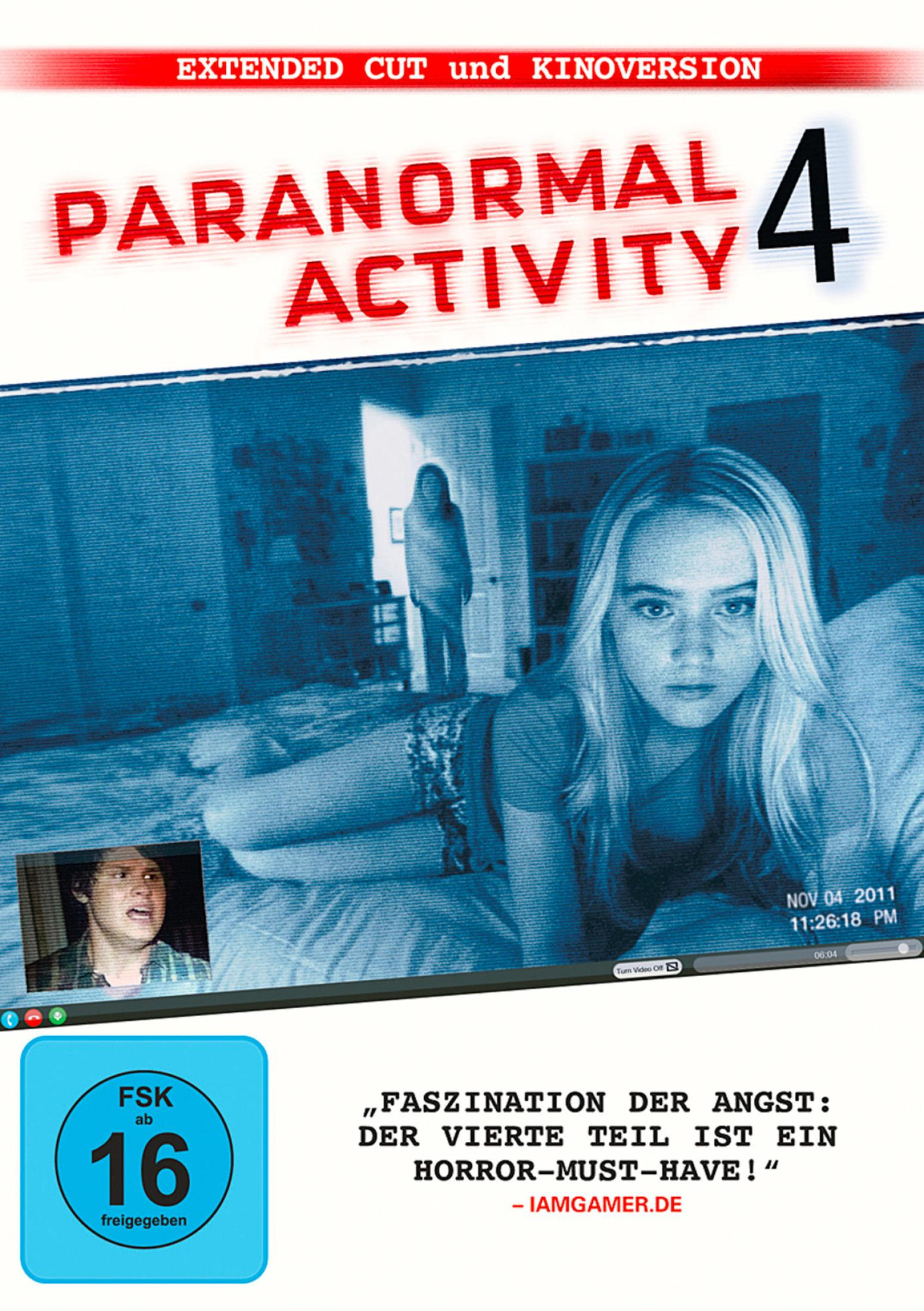 Paranormal Activity 4 Filmplakat mit erschrockenem blonden Mädchen im Bett und schattiger Gestalt in der Tür.