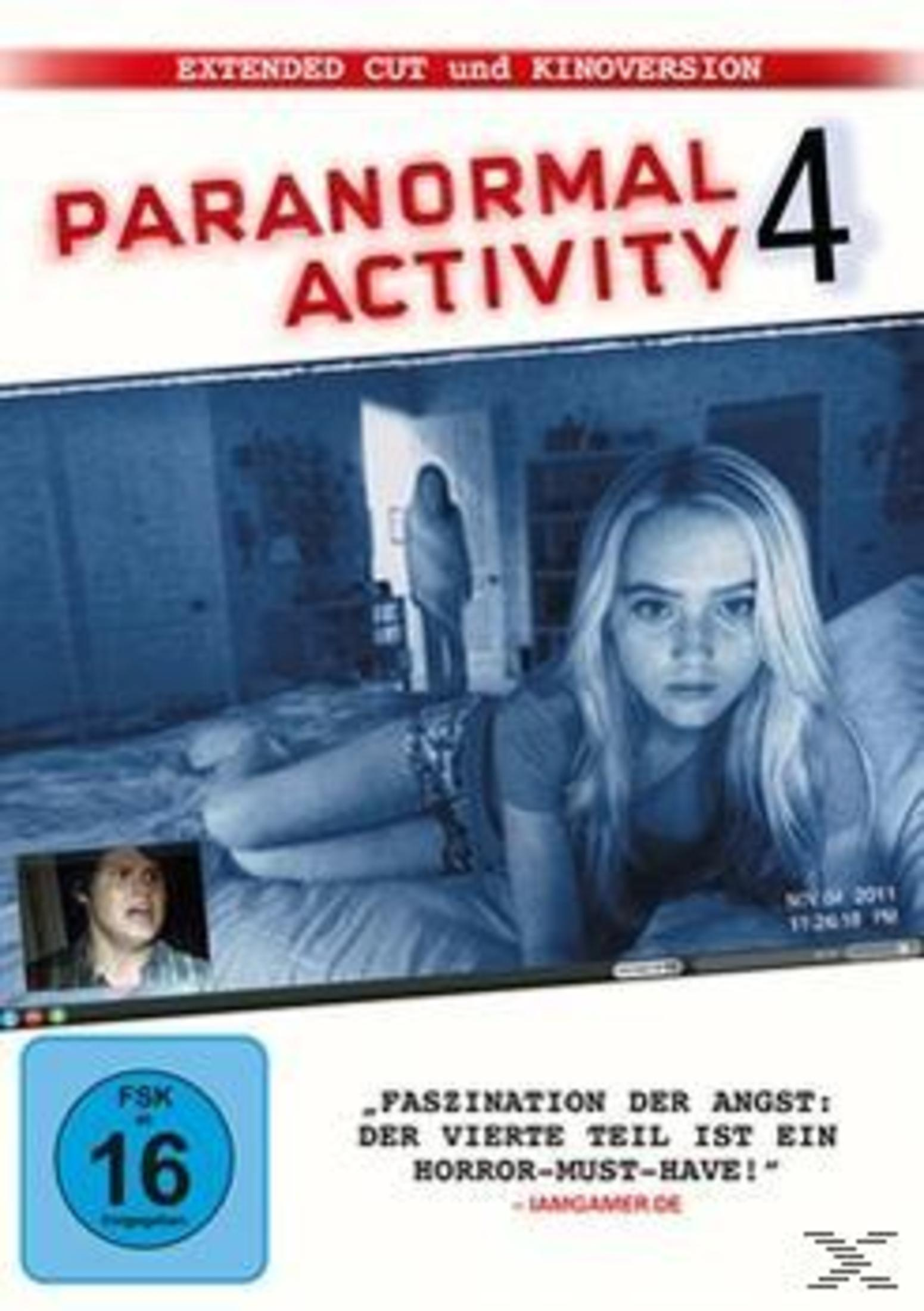 Paranormal Activity 4 Filmposter mit blondem Mädchen im Vordergrund und verschwommener Gestalt im Hintergrund.