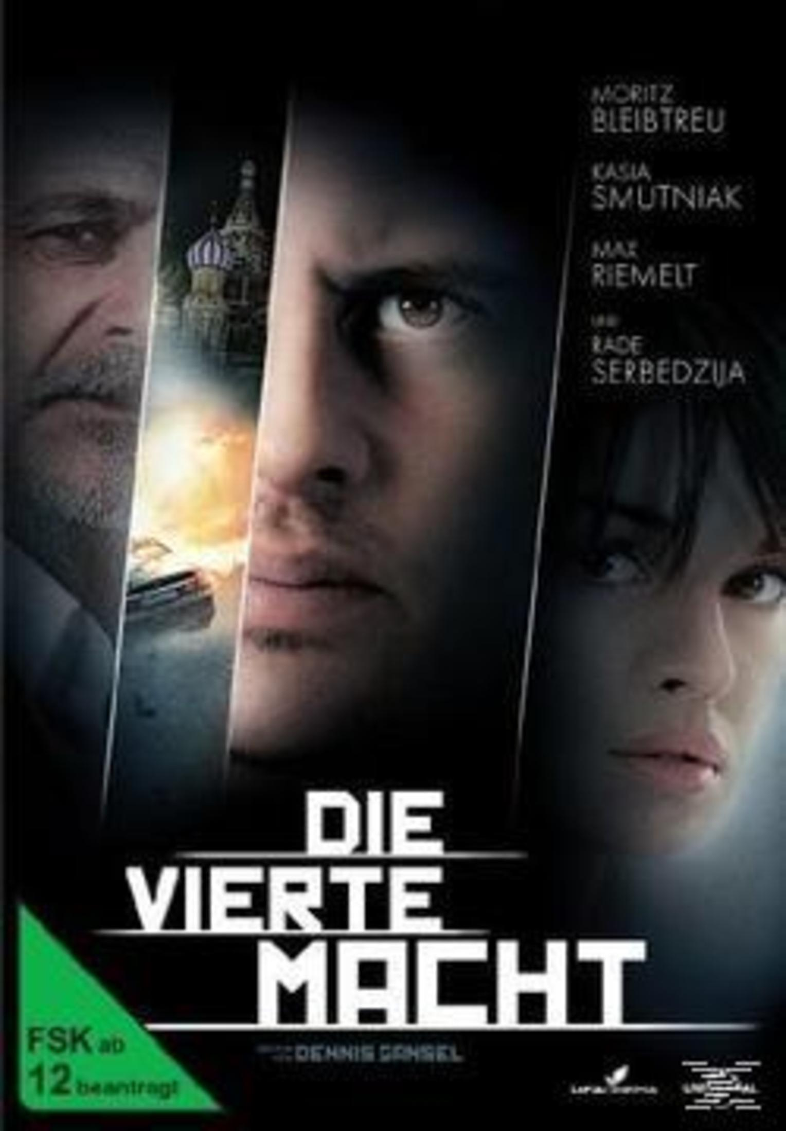 Filmposter von Die Vierte Macht mit Nahaufnahmen von Gesichtern und einem brennenden Auto vor einer Kirche.