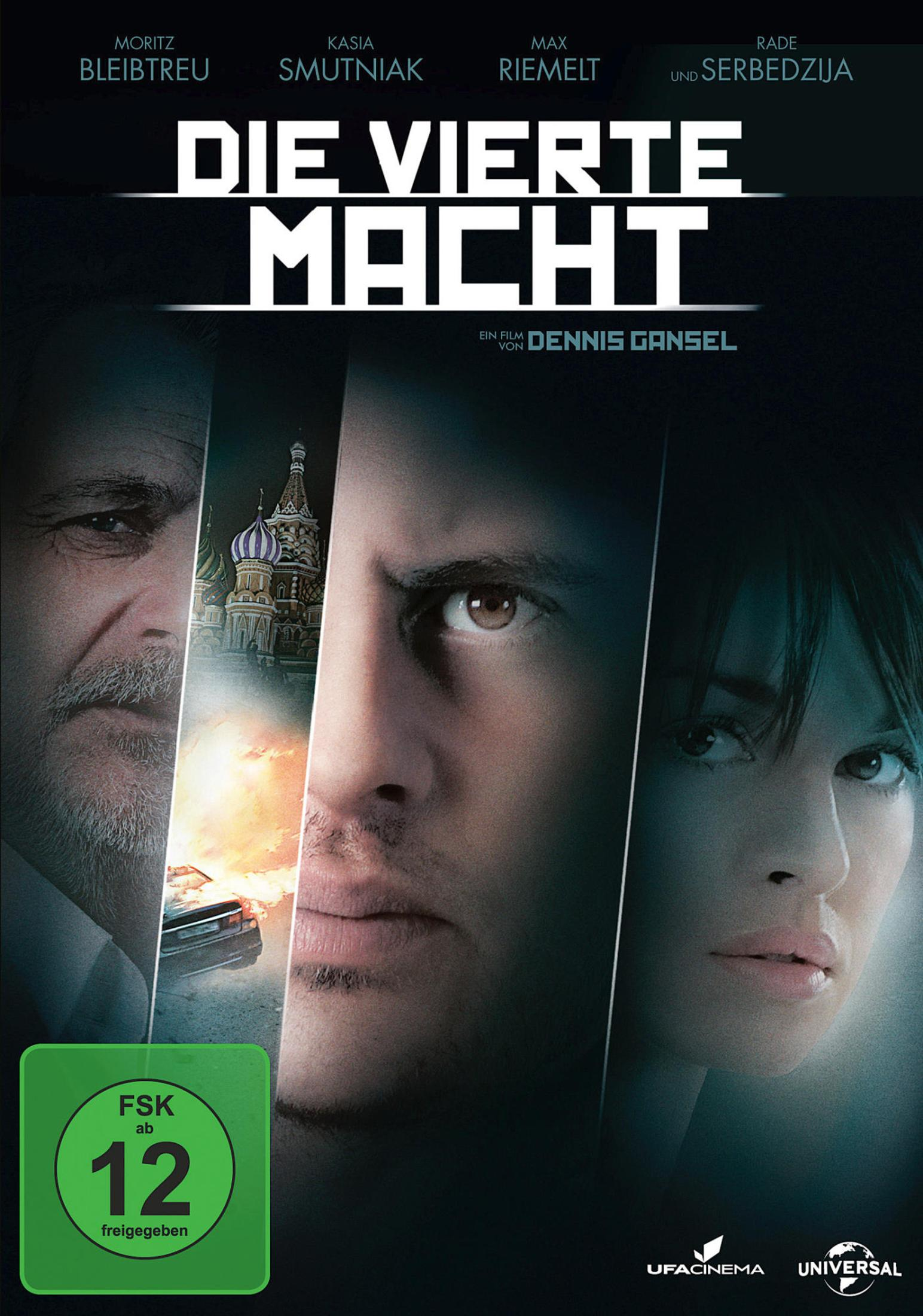 Filmposter von Die vierte Macht mit vier Gesichtern und einer Explosion vor einer Kirche in Moskau.