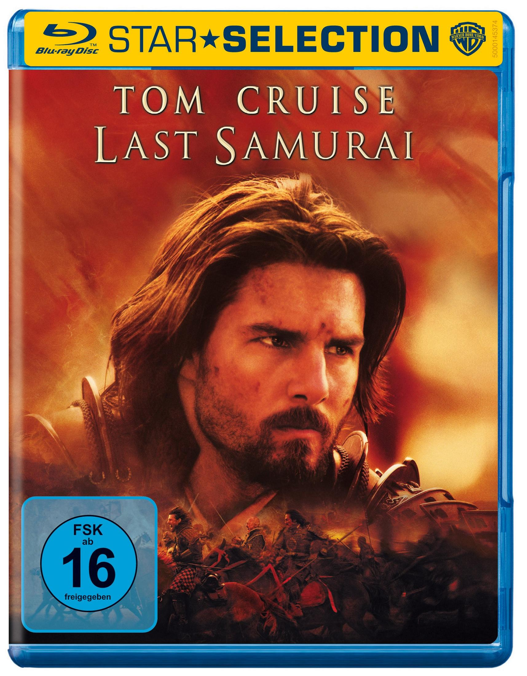 Blu-ray-Hülle von The Last Samurai mit Tom Cruise in Rüstung vor feurigem Hintergrund und einer Schlacht.