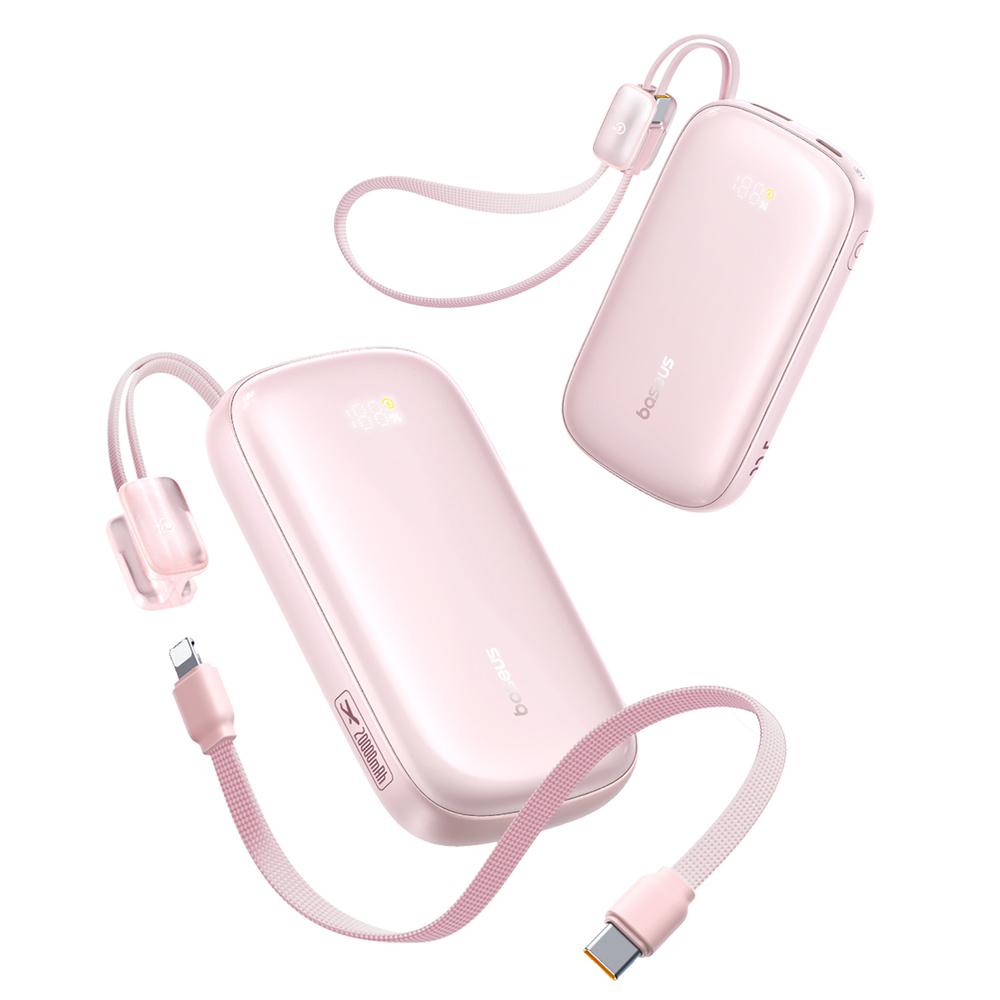 Due power bank rosa con cavi di ricarica e display digitale su sfondo bianco.