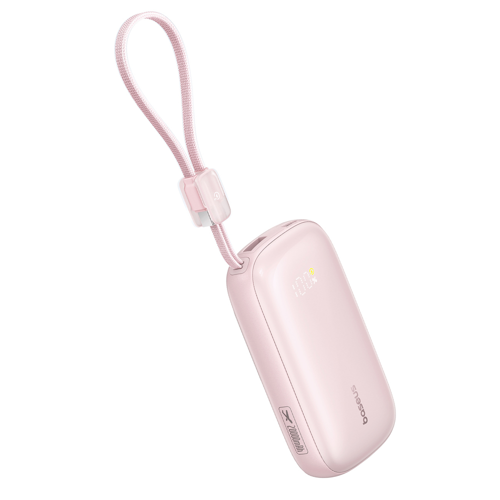 Un power bank rosa con cavo di ricarica integrato e display digitale della percentuale.