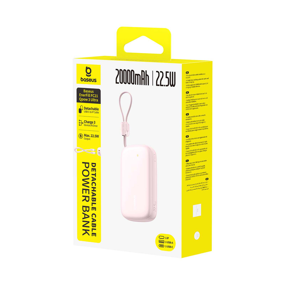 Confezione giallo-bianca di un power bank rosa Baseus da 20000mAh con cavo a laccetto e testo.