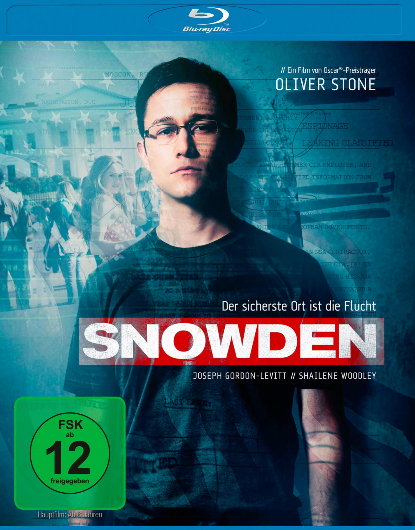 Blu-ray-Cover von Snowden mit Joseph Gordon-Levitt vor einem blau getönten Hintergrund mit Dokumenten.