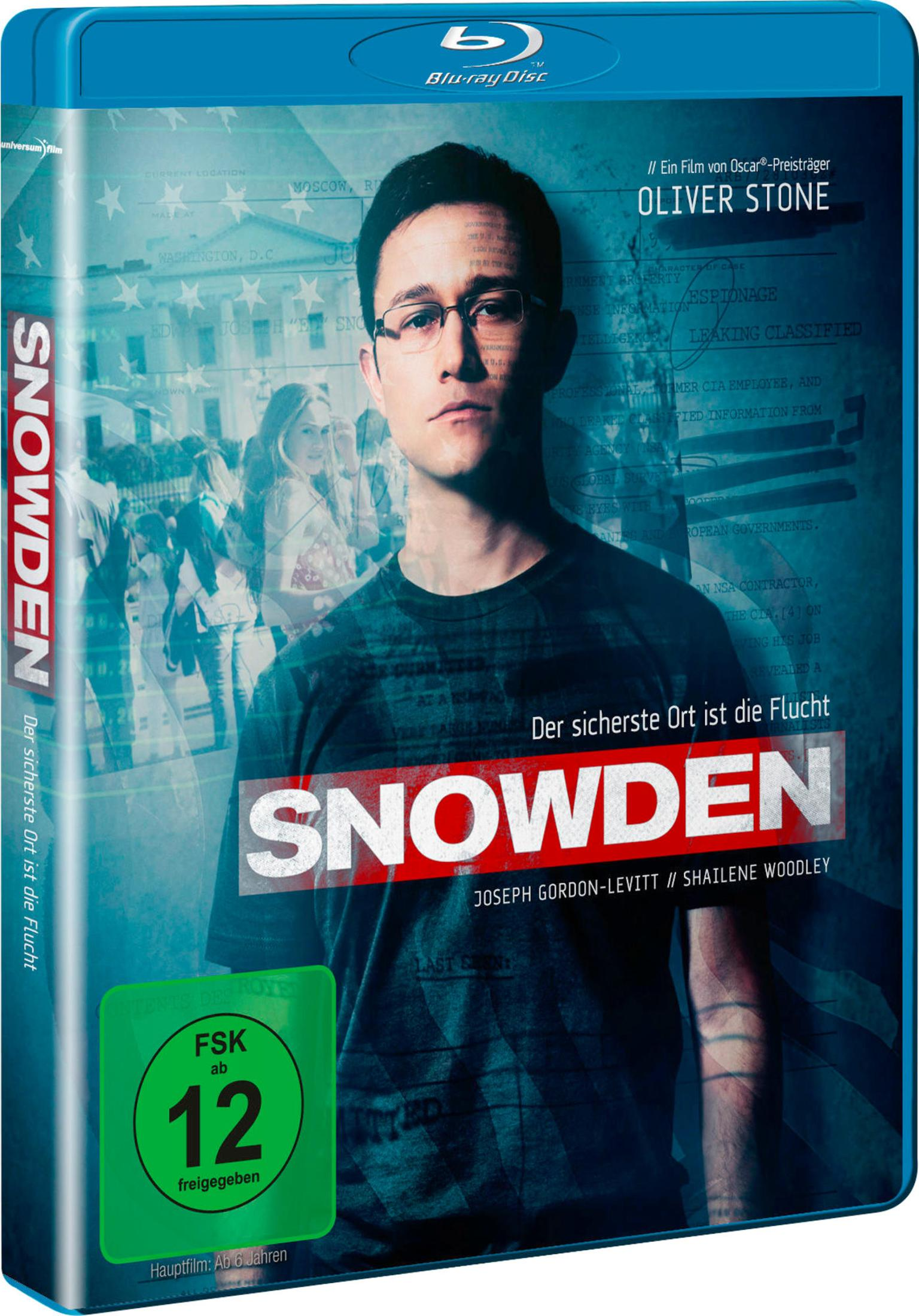 Blu-Ray-Cover des Films Snowden mit Joseph Gordon-Levitt vor einem Hintergrund mit US-Flagge.