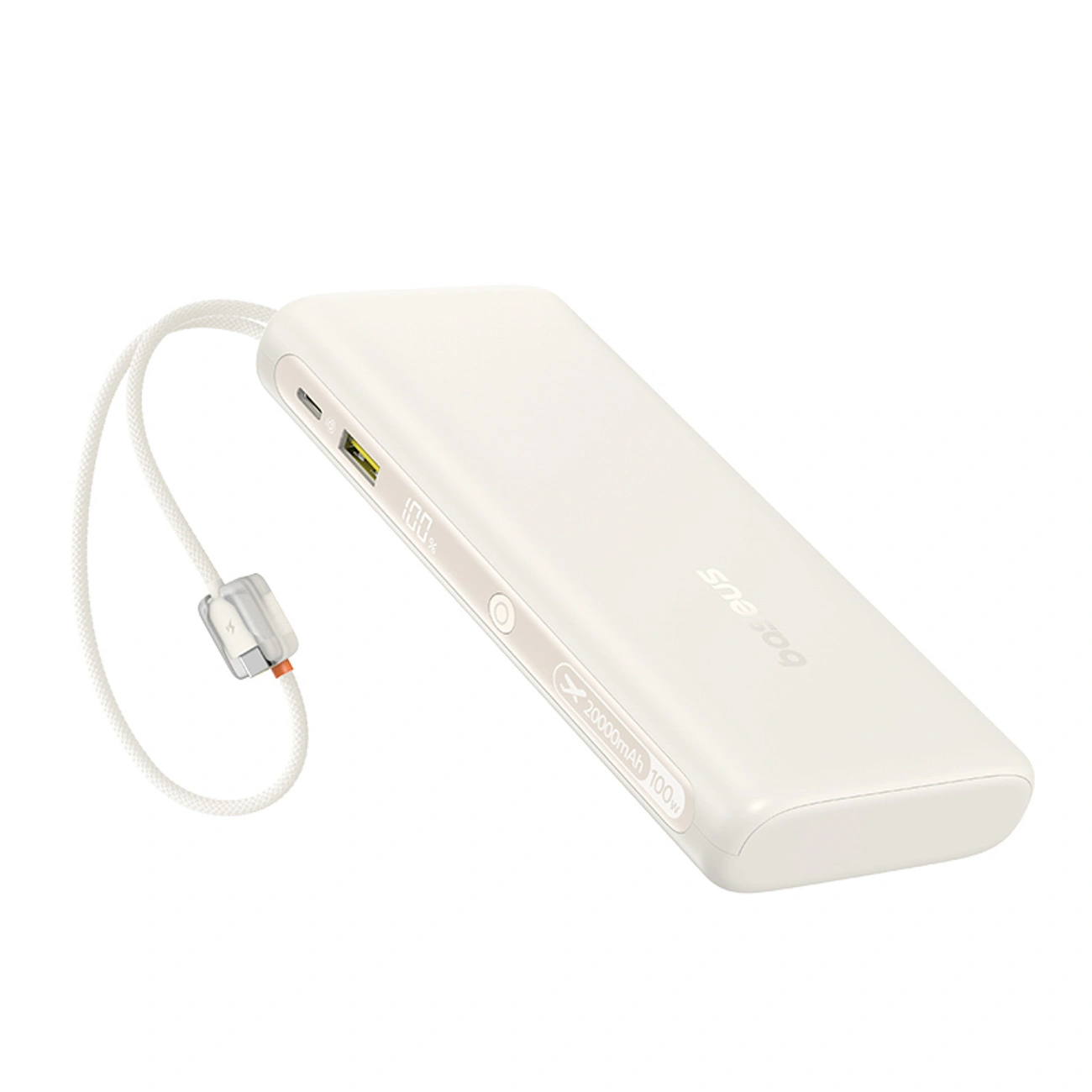 Un power bank bianco con cavo di ricarica integrato su sfondo bianco.