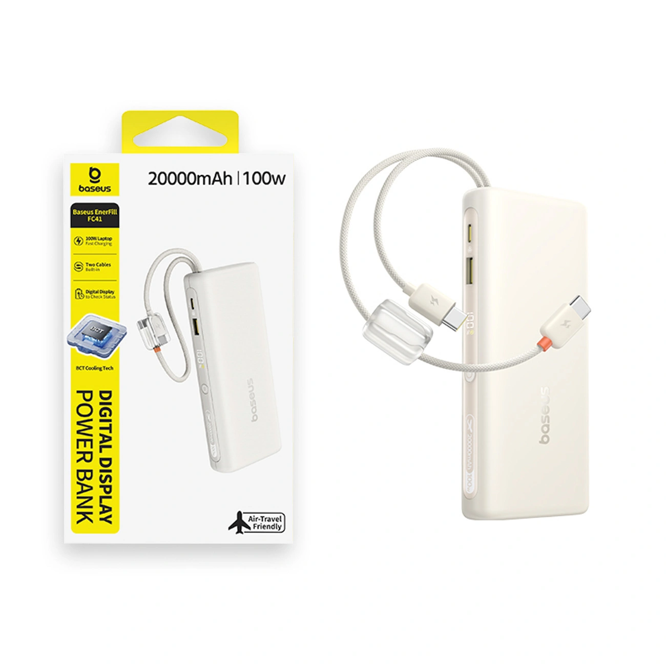 Power bank Baseus bianco da 20000mAh, 100W, cavi integrati e confezione.