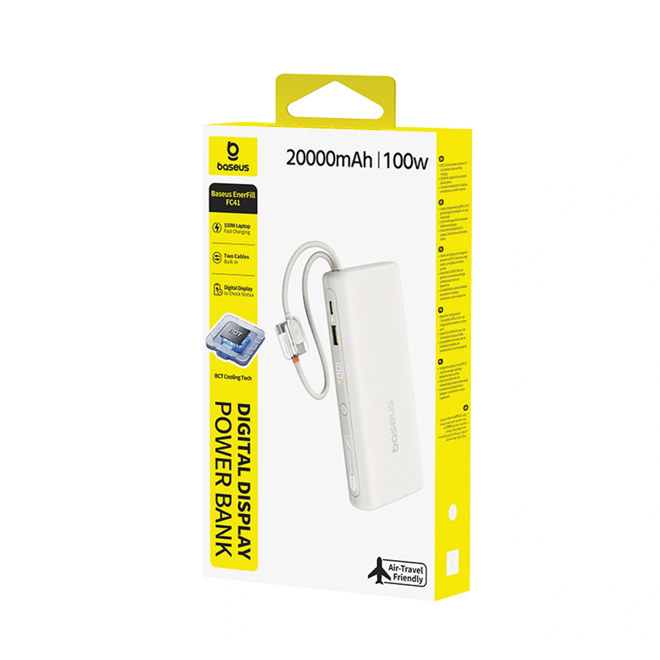 Power bank Baseus da 20000mAh 100W in confezione gialla e bianca, con cavo integrato e display digitale.