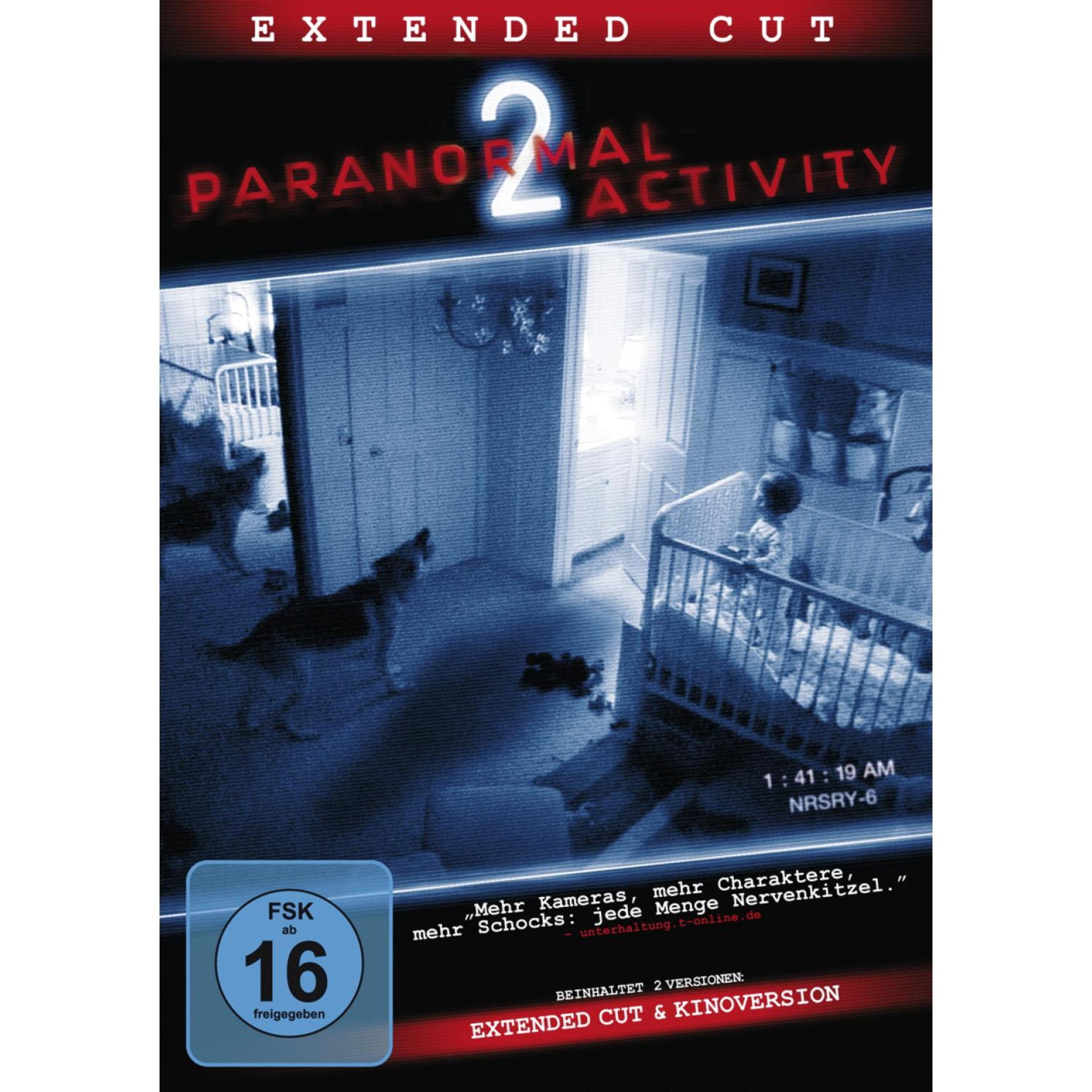 DVD-Cover von Paranormal Activity 2 in Blau, zeigt Hunde, ein Babybett und Text unten.