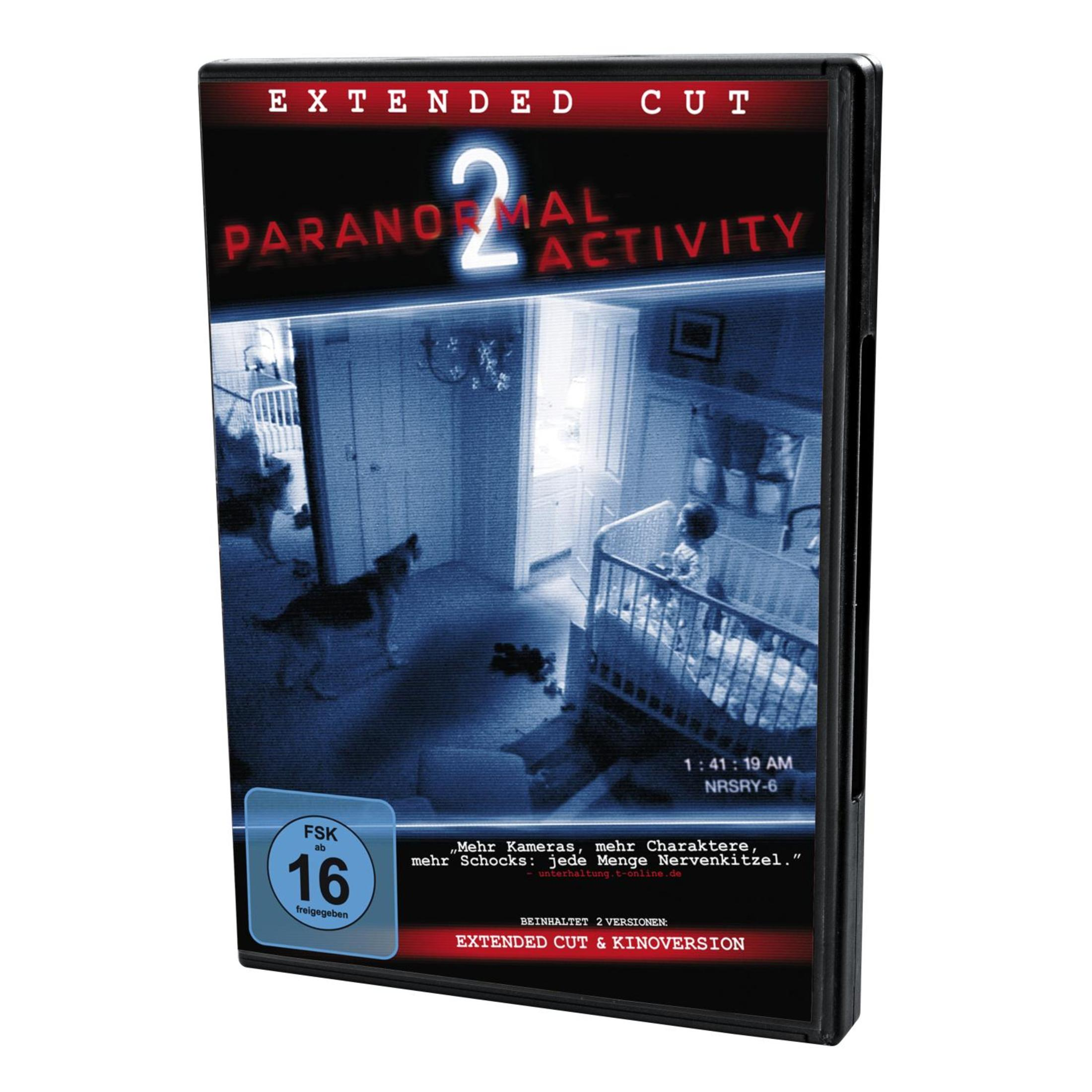 DVD-Hülle von Paranormal Activity 2 Extended Cut mit Überwachungsaufnahmen von Hund und Babybett.