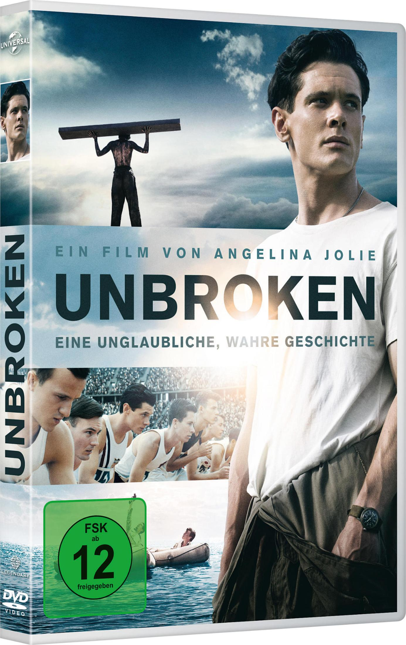 DVD-Cover von Unbroken mit Hauptdarsteller, Athleten und Filmszenen unter bewölktem Himmel.