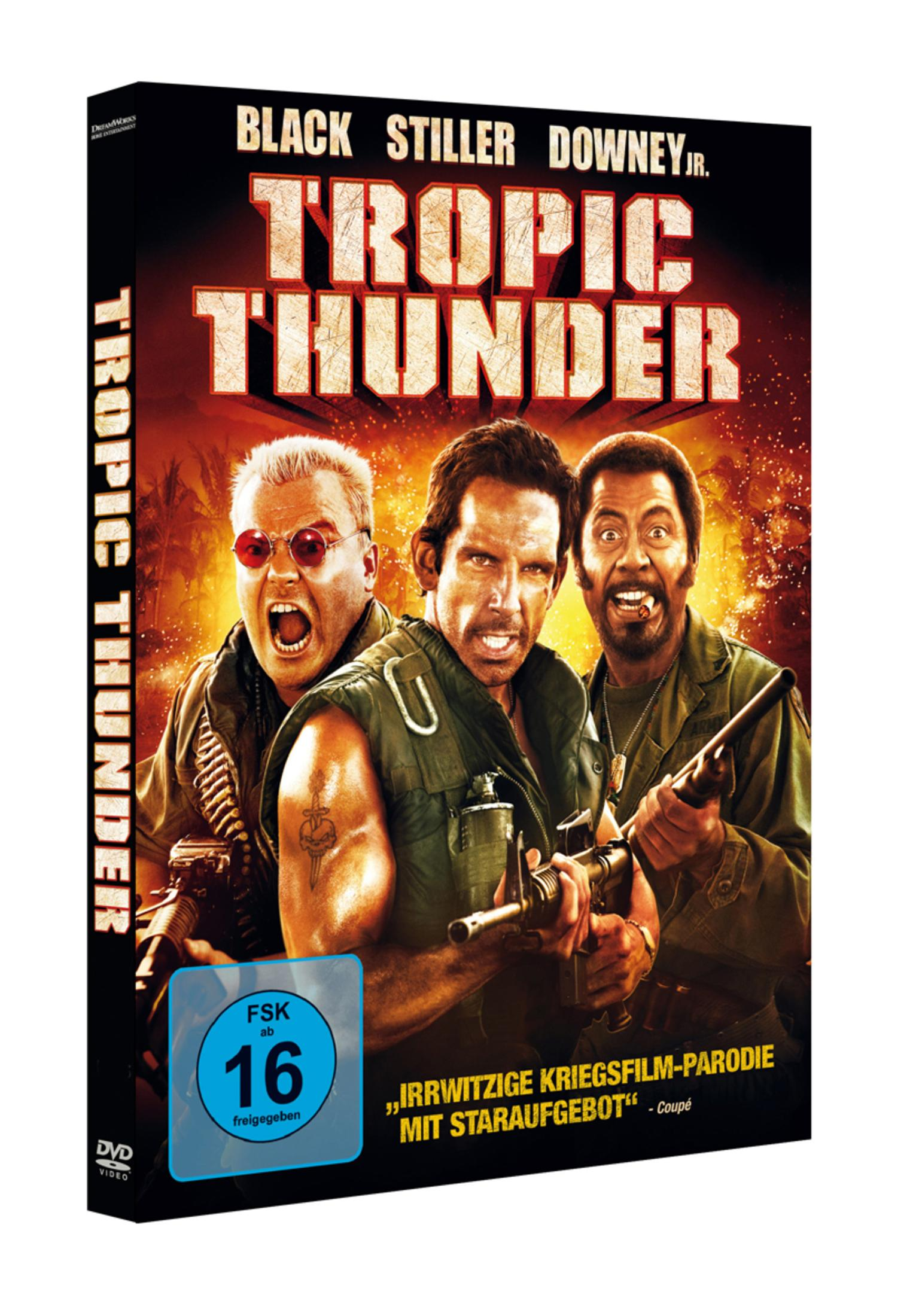 DVD-Cover von Tropic Thunder mit drei bewaffneten Soldaten vor brennendem Dschungel.