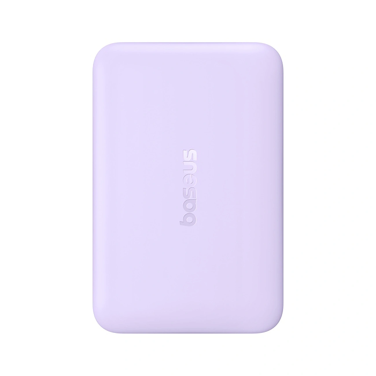 Un power bank rettangolare viola chiaro con angoli arrotondati e il logo Baseus sulla parte anteriore.