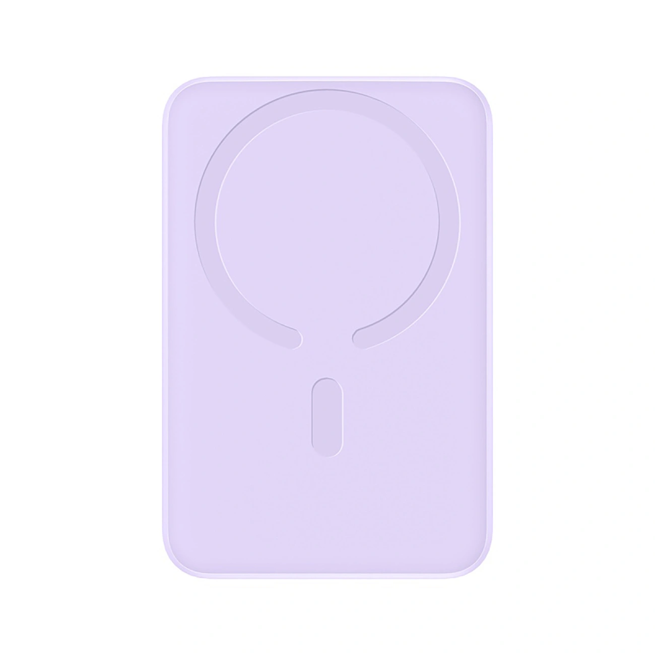 Una batteria MagSafe rettangolare viola chiaro su sfondo bianco con un motivo circolare.