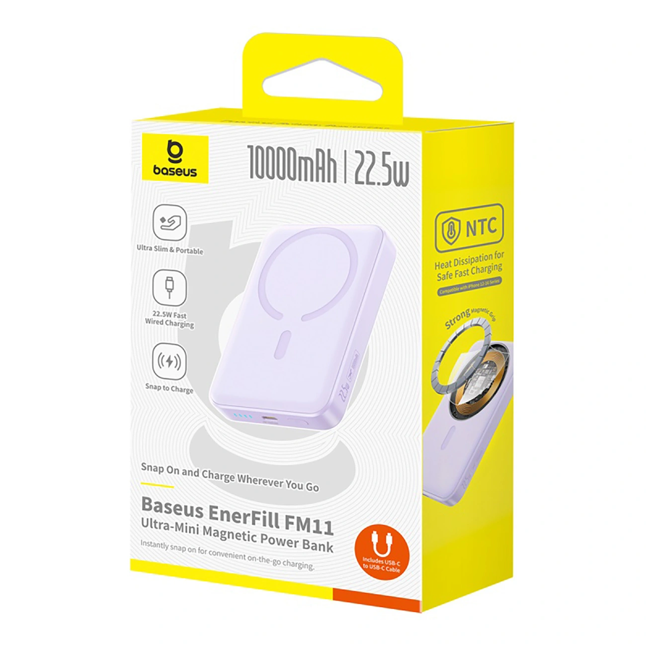 Scatola gialla e bianca per power bank magnetico Baseus EnerFill FM11 10000mAh con immagine del prodotto.