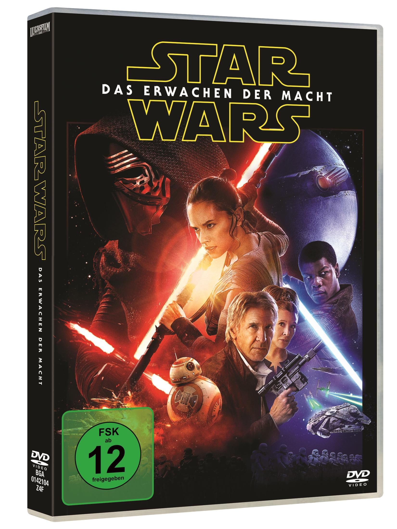 DVD-Cover von Star Wars: Das Erwachen der Macht mit Charakteren wie Rey, Kylo Ren und Han Solo.