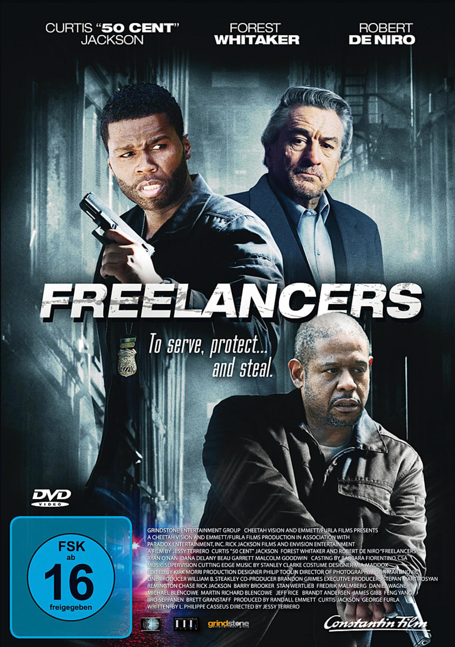 DVD-Cover des Films Freelancers mit Curtis 50 Cent Jackson, Robert De Niro und Forest Whitaker mit Pistolen.