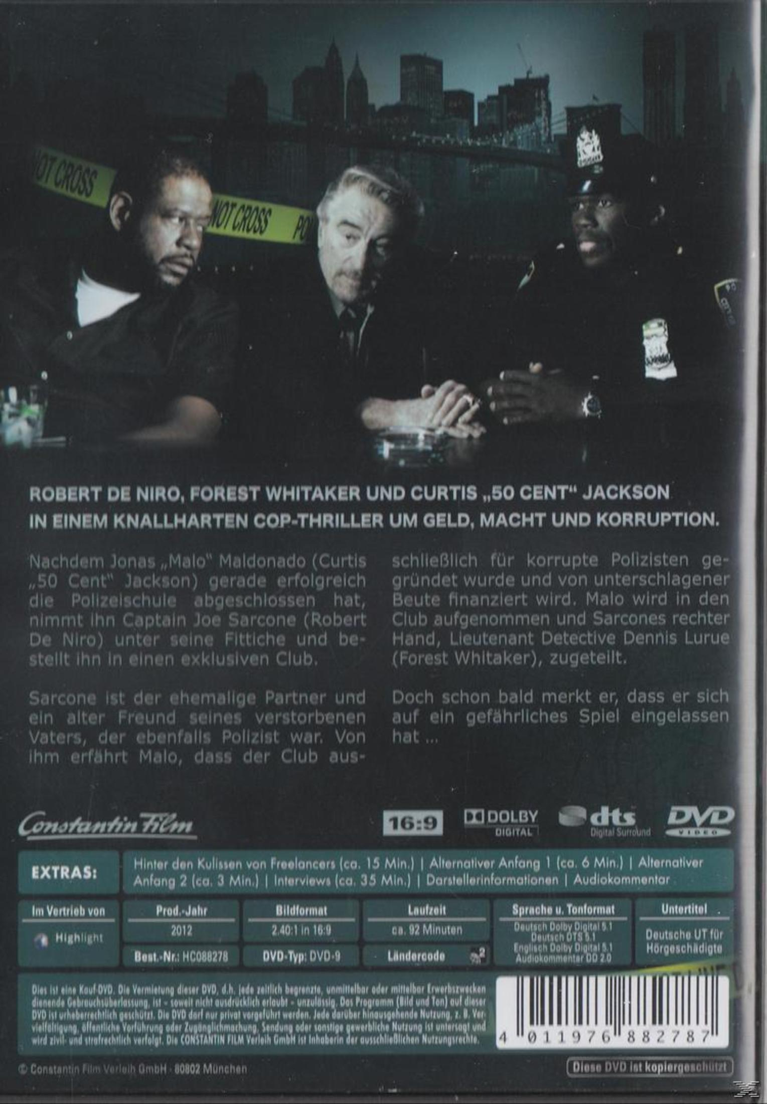 Rückseite einer DVD-Hülle des Films Freelancers mit Robert De Niro, Forest Whitaker und 50 Cent vor nächtlicher Kulisse.