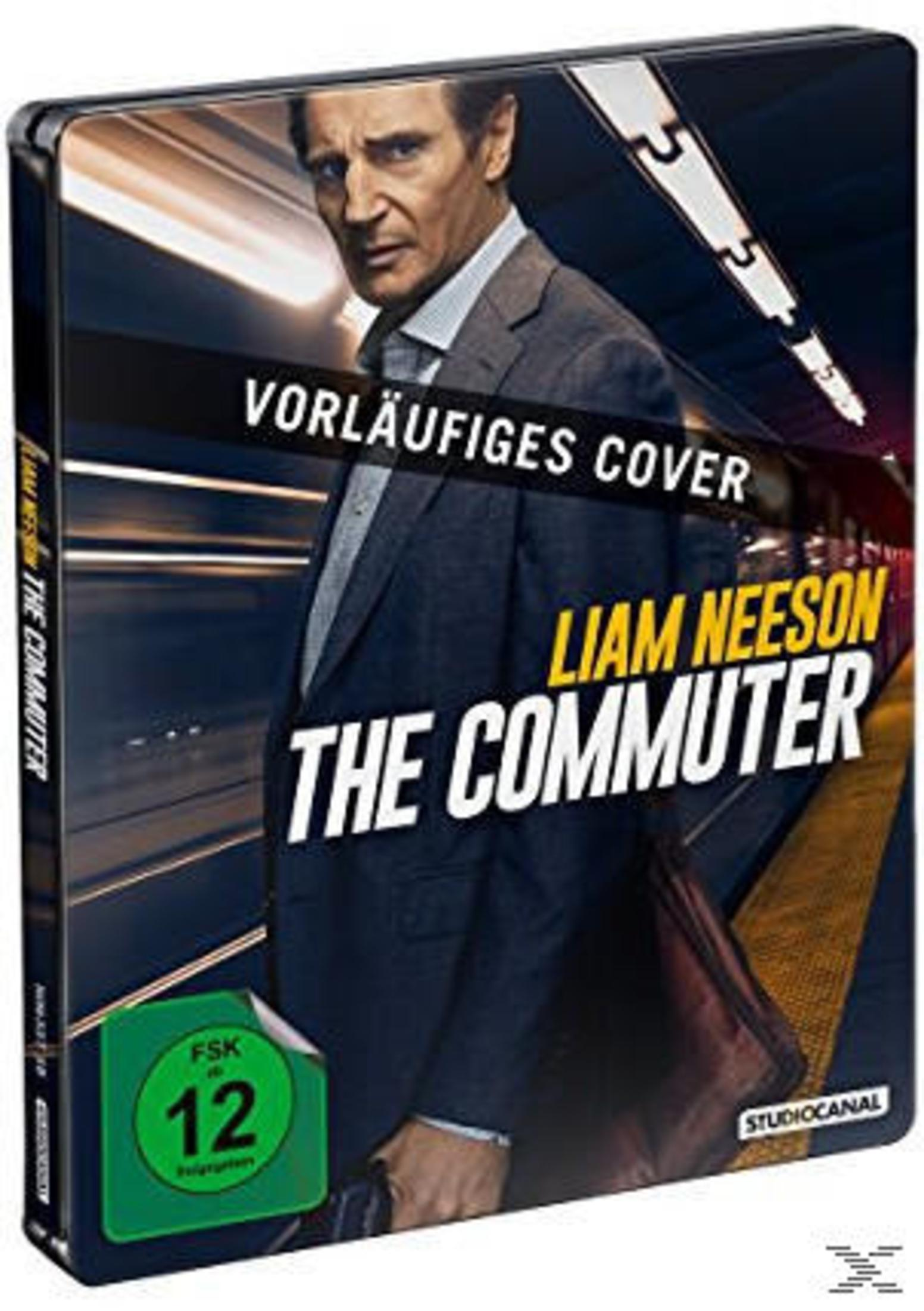 DVD-Cover von The Commuter mit Liam Neeson auf einem Bahnsteig.