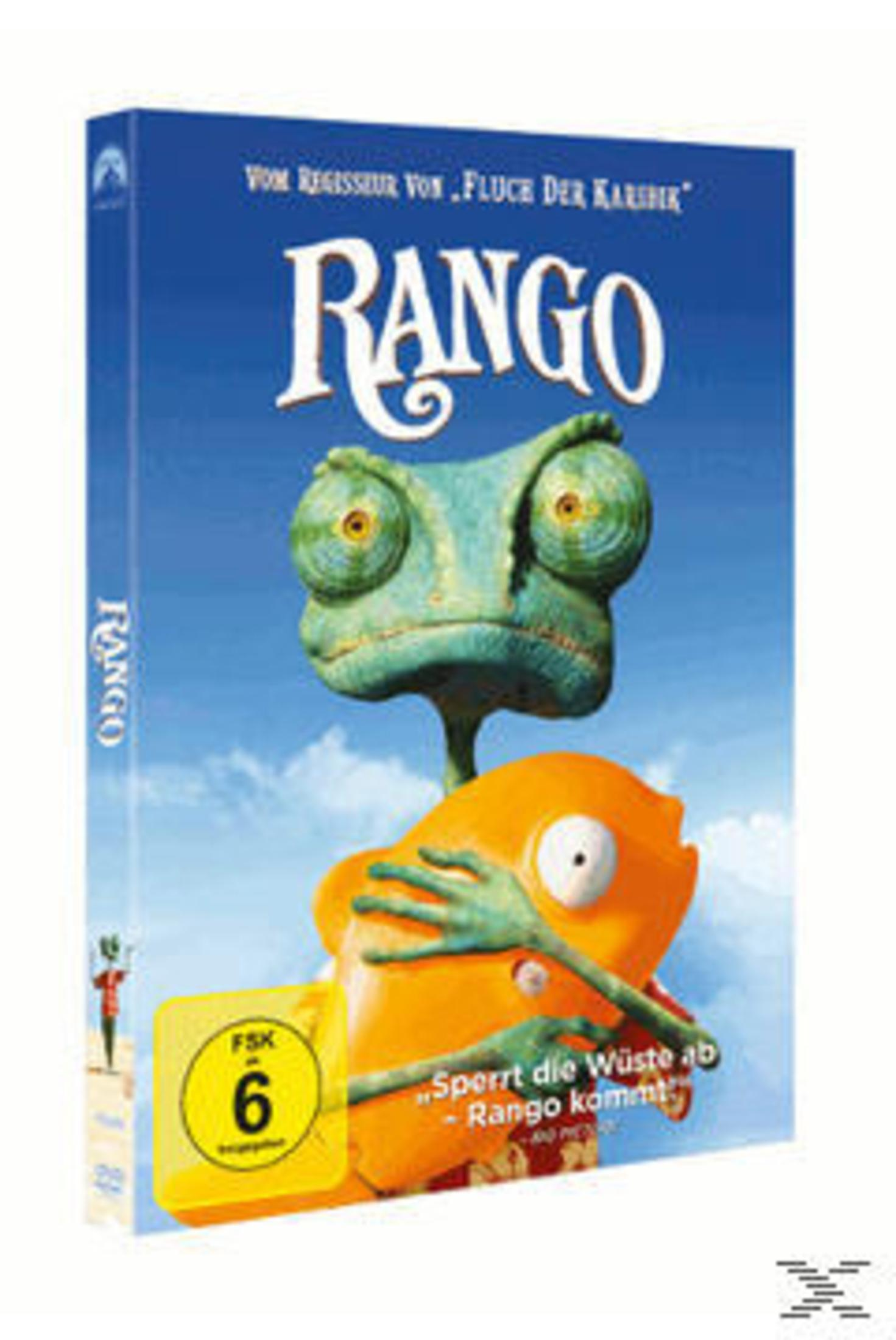 DVD-Hülle des Films Rango mit dem grünen Chamäleon und einem gelben Fisch auf blauem Hintergrund.