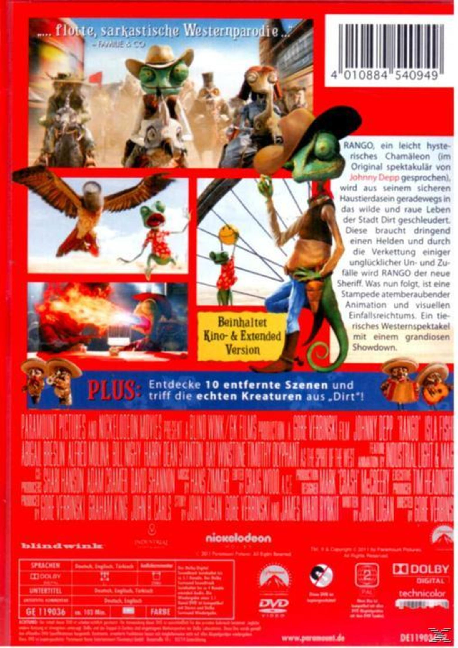 DVD-Hülle des Animationsfilms Rango mit Chameräon als Sheriff, Szenenbildern und Text.