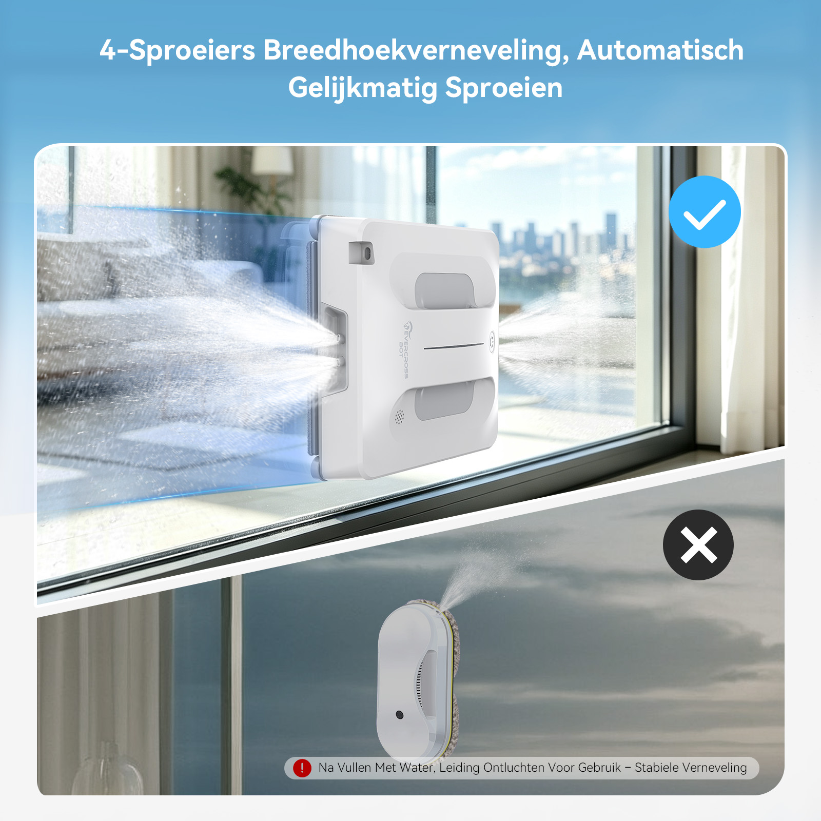 A white window cleaning robot sprays water onto glass, compared with an older model.