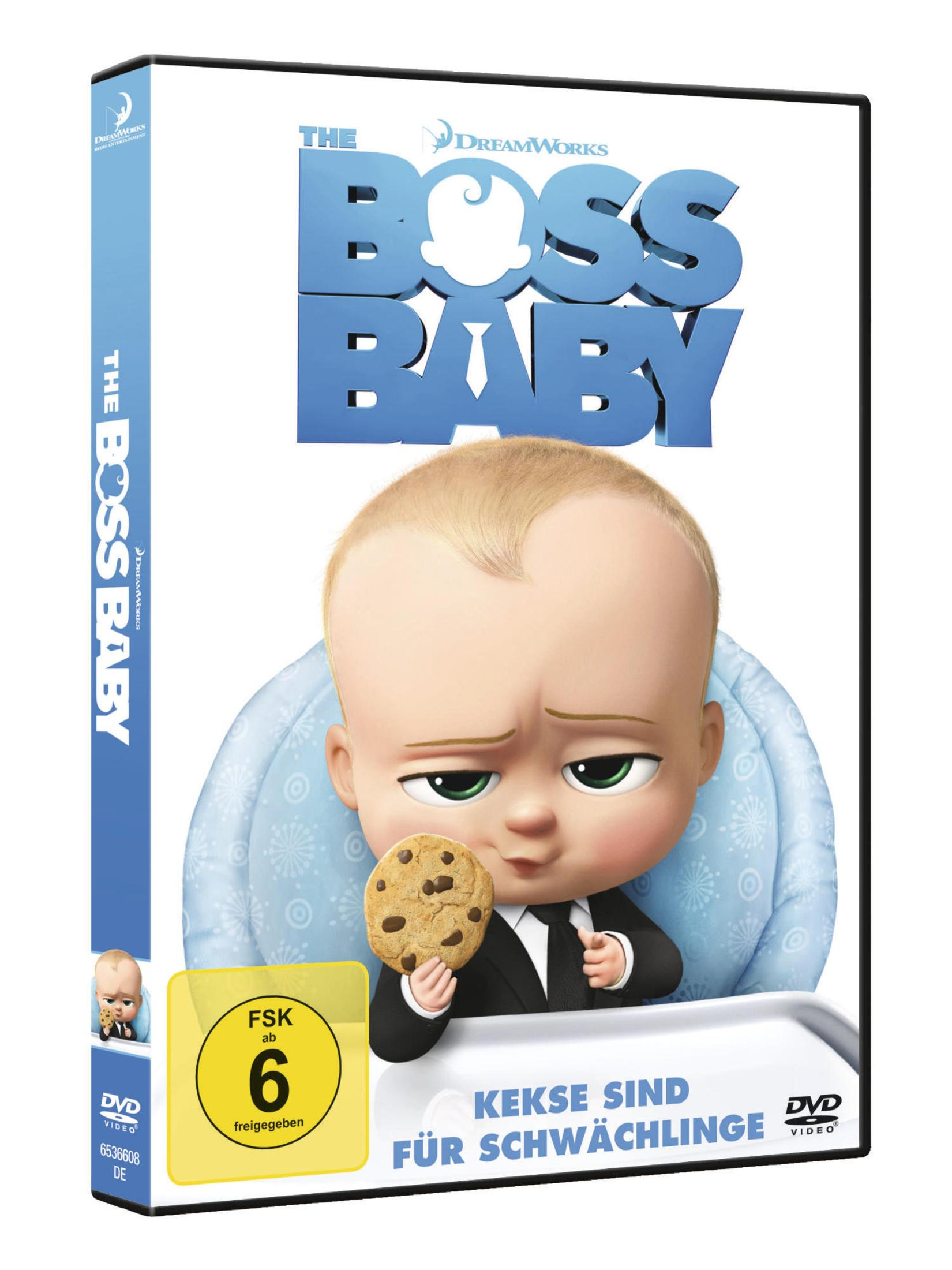 The Boss Baby DVD-Cover mit Baby im Anzug, Keks in der Hand, deutschem Text und FSK-6-Altersfreigabe.