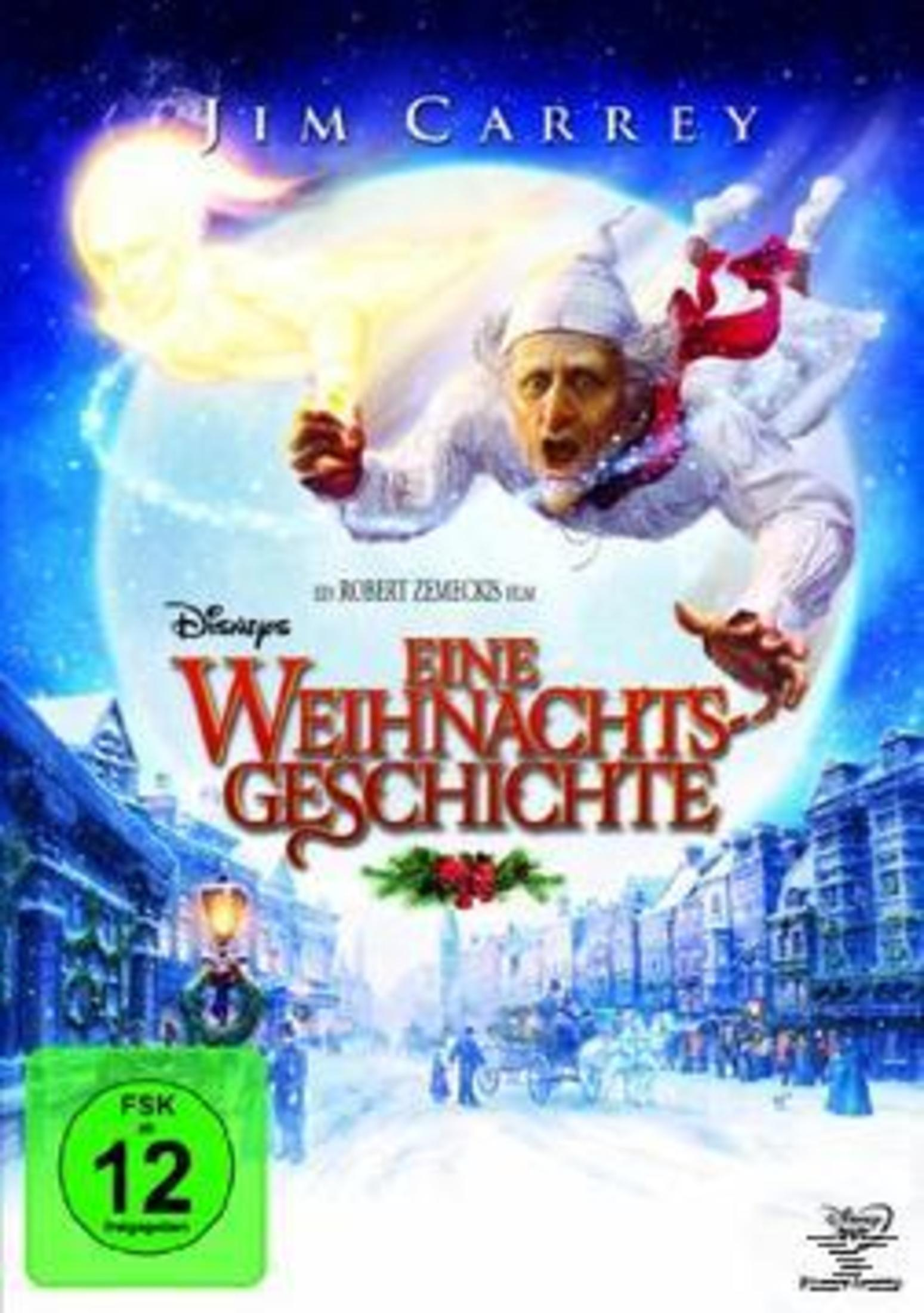 Filmplakat von Disneys Eine Weihnachtsgeschichte mit Jim Carrey in weißer Nachtkleidung, der über einer Stadt fliegt.