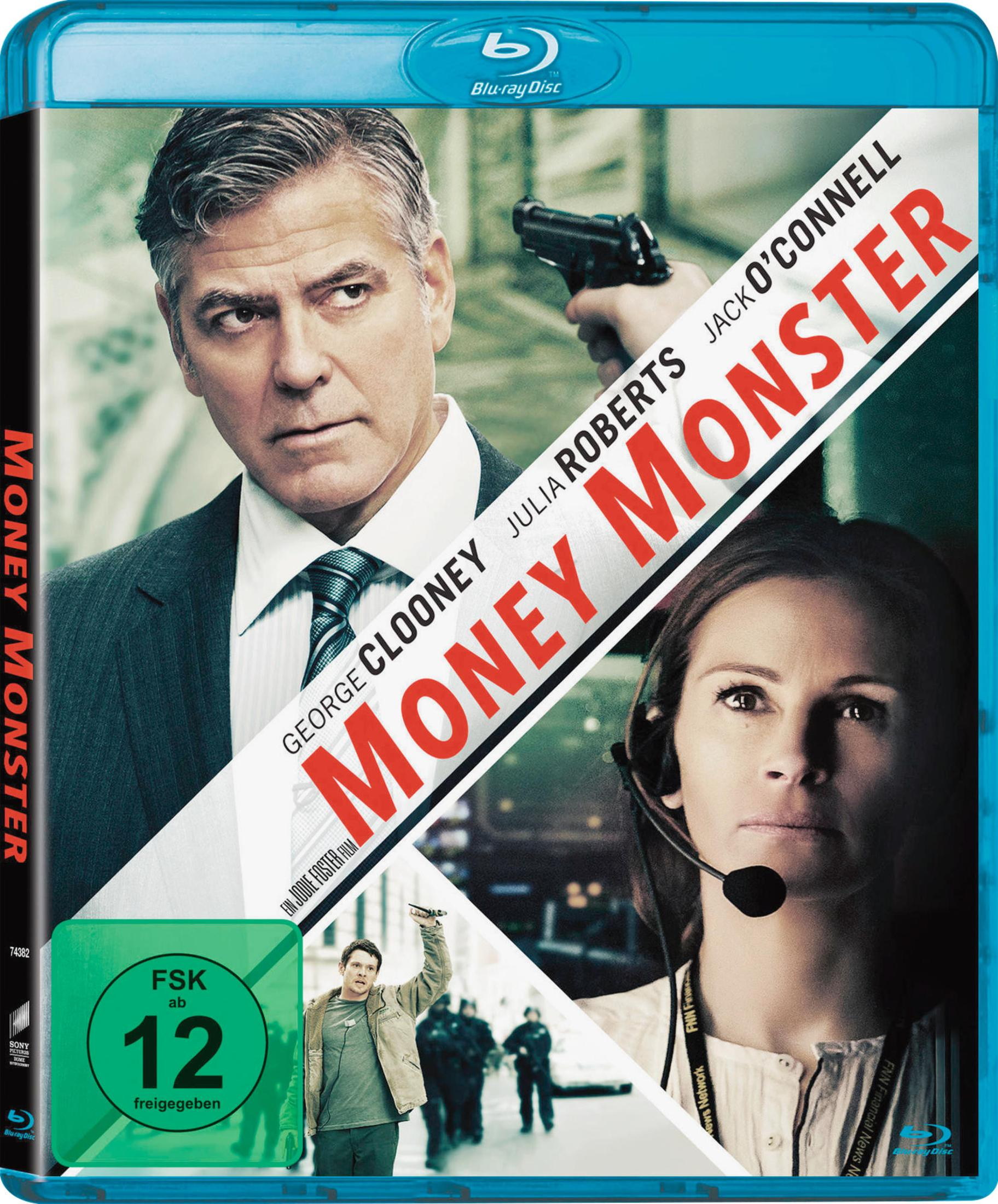 Money Monster Blu-ray-Cover mit George Clooney und Julia Roberts mit einer Waffe und Stadthintergrund.