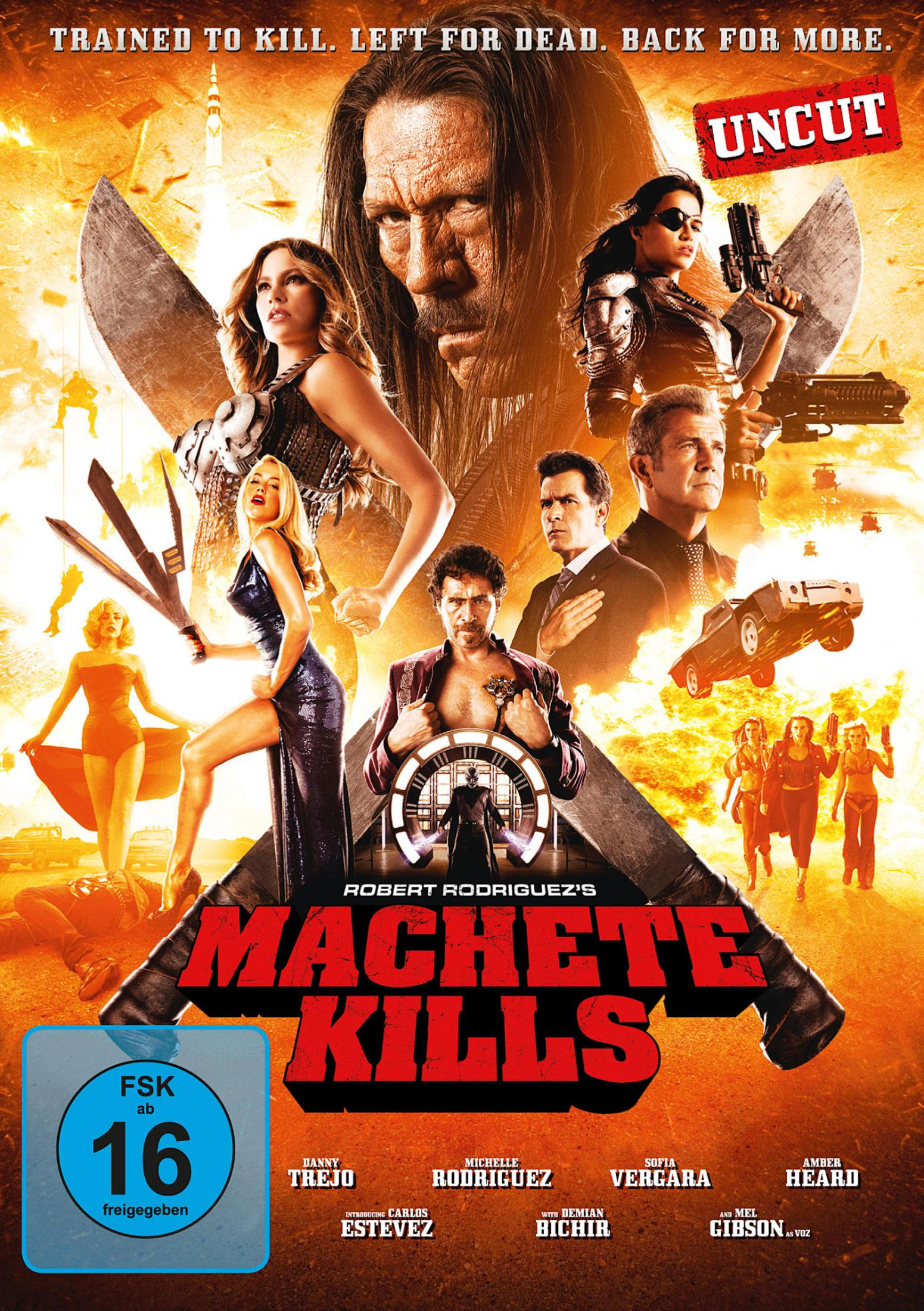 Filmposter zu Machete Kills mit Danny Trejo, Sofia Vergara, Mel Gibson und weiteren Darstellern mit Waffen.