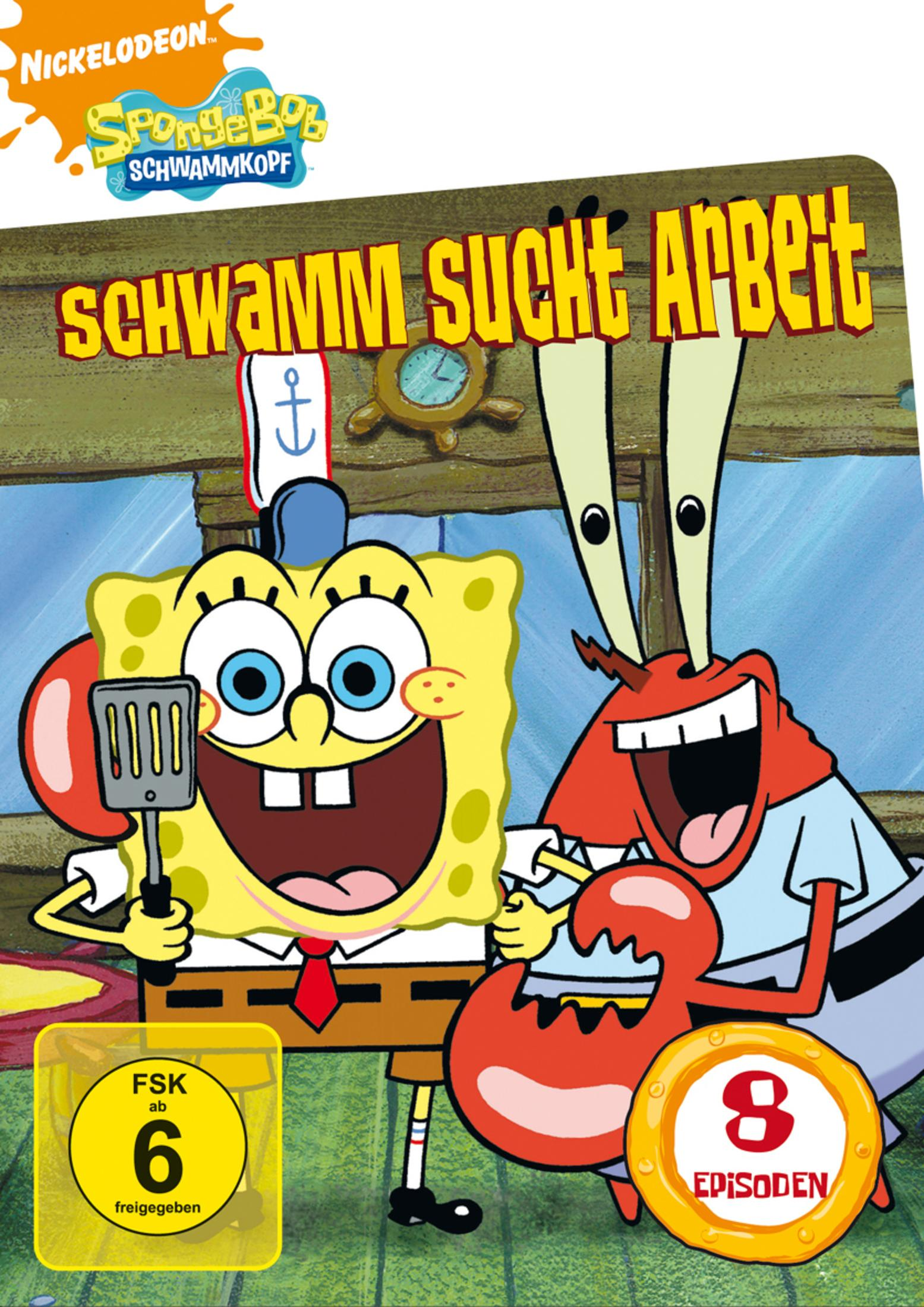 SpongeBob und Mr. Krabs lächeln glücklich in der Krummen Krabbe auf einem DVD-Cover.