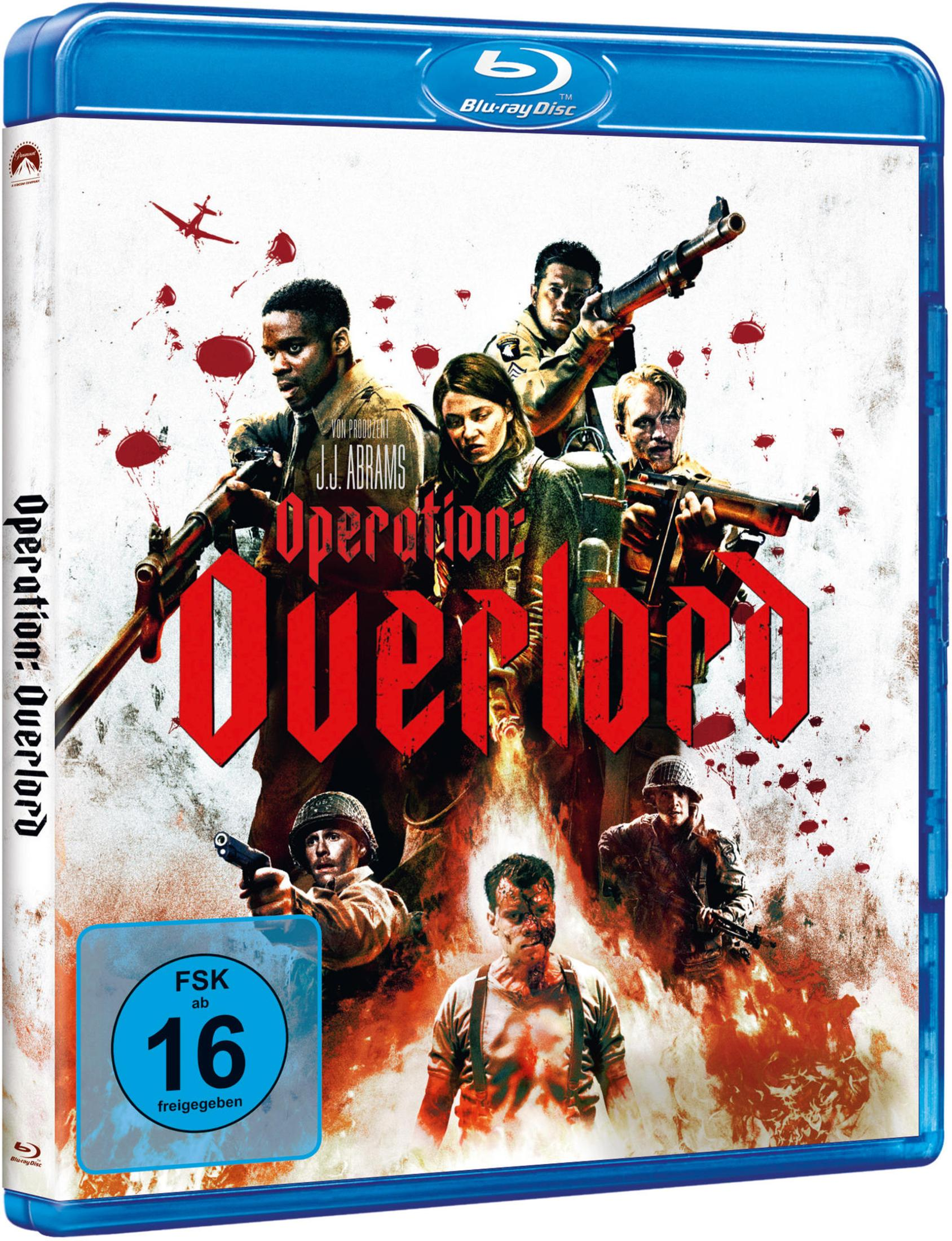 Blu-ray-Hülle des Films Operation: Overlord mit Soldaten, Waffen, Flammen und rotem Text.
