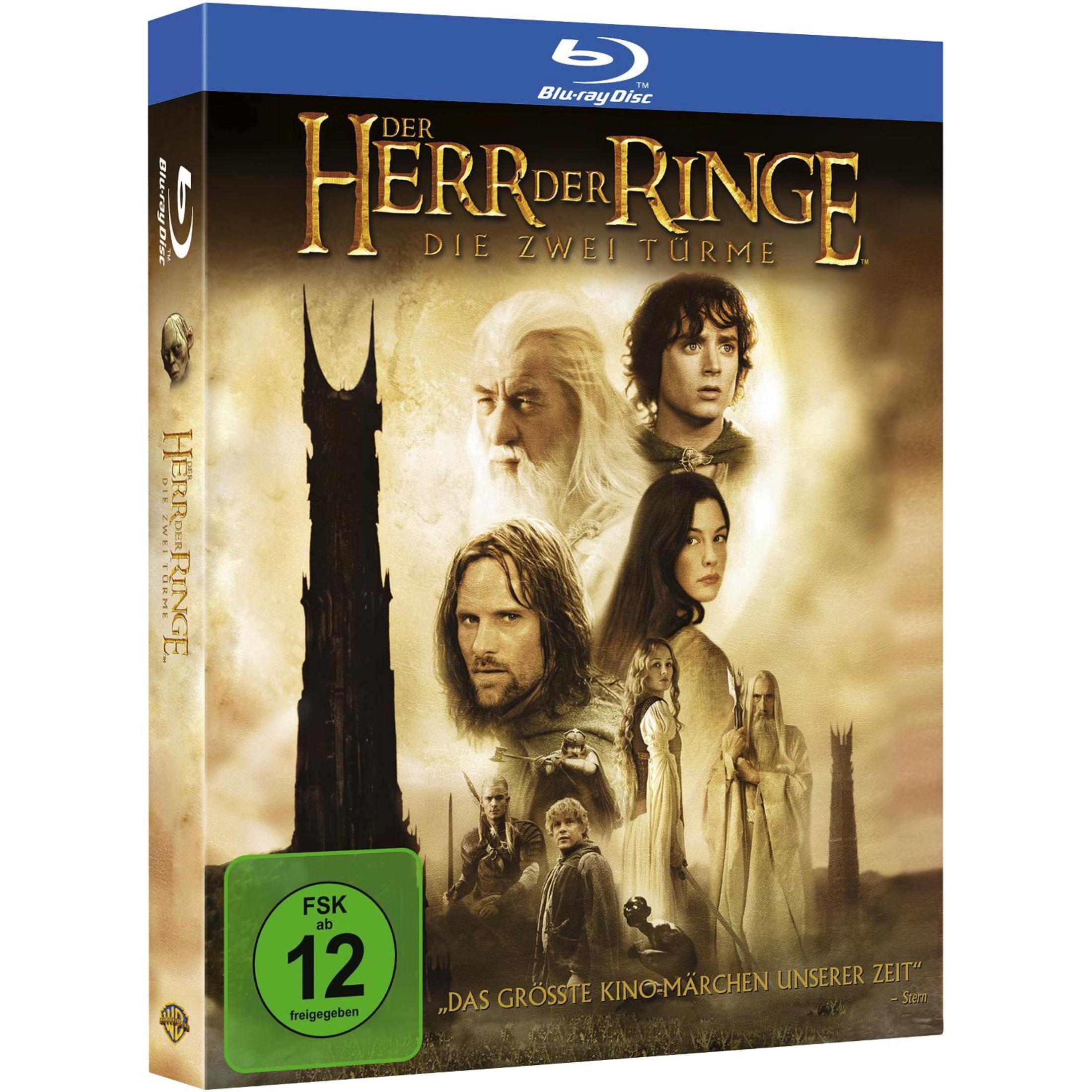 Blu-ray-Cover von Der Herr der Ringe: Die zwei Türme mit Charakteren und dunklem Turm vor hellem Himmel.